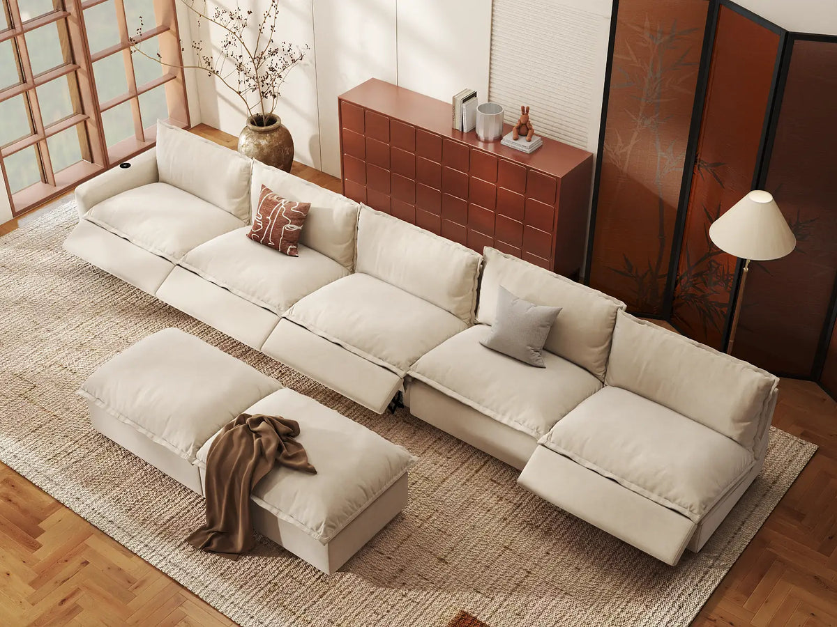 Modular Cero Reclining Sofa and Recliner Set | 7-Piece Beige Linen Open Plan Sofa Sets 5-Seater with 2-Ottomans