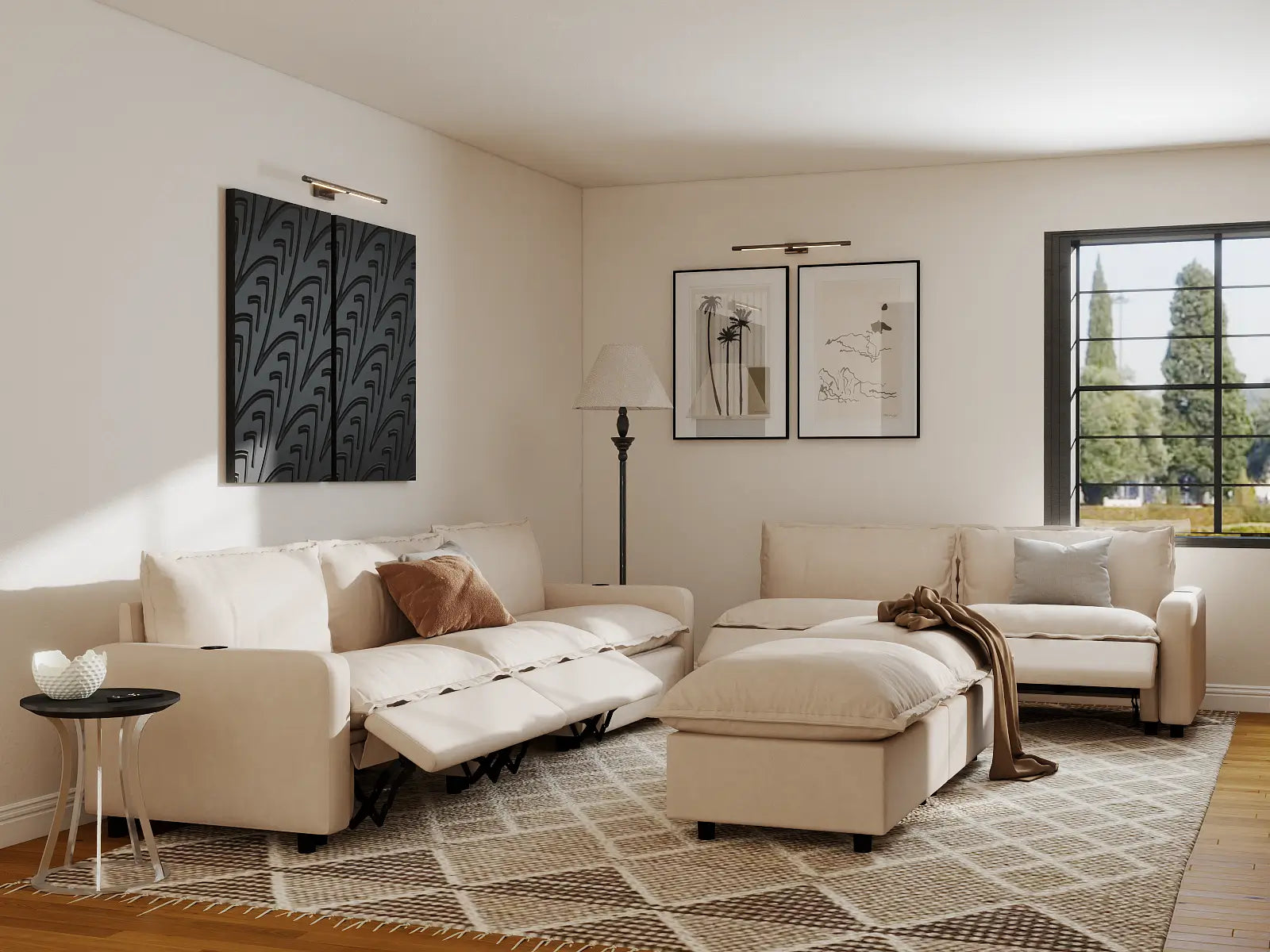 Modular Cero Sofa and Recliner Set Sale | 7-Piece Beige Linen Open Plan Sofa Sets 5-Seater with 2-Ottomans