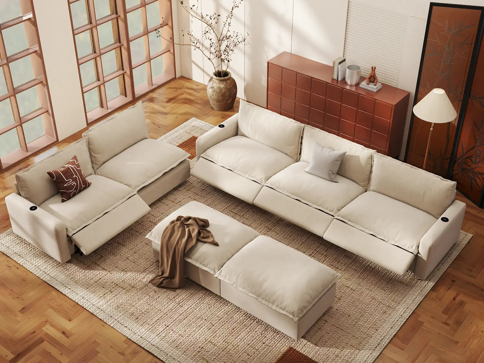 Modular Cero Sofa and Recliner Set Sale | 7-Piece Beige Linen Open Plan Sofa Sets 5-Seater with 2-Ottomans