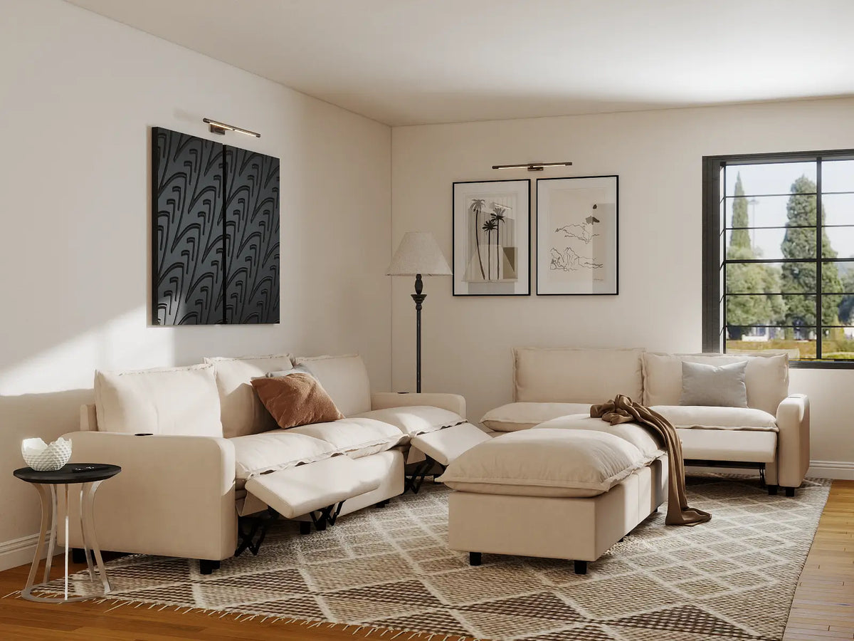 Modular Cero Reclining Sectionals | 7-Piece Beige Linen Open Plan Sofa Sets 5-Seater with 2-Ottomans