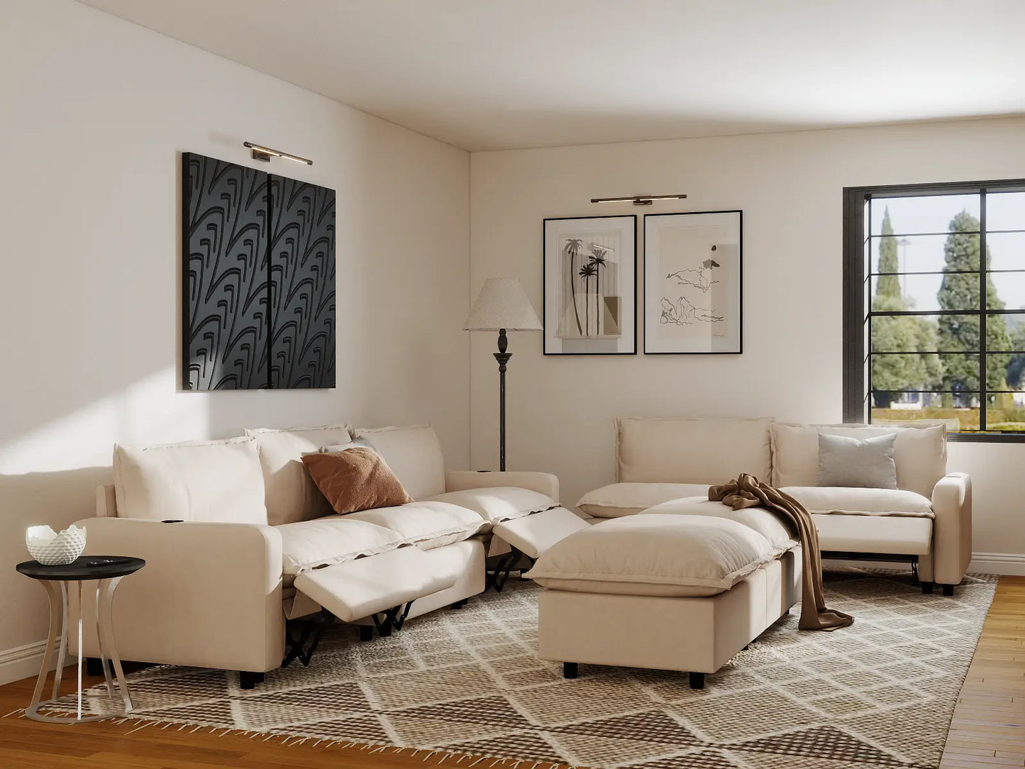 Modular Cero Reclining Sectionals | 7-Piece Beige Linen Open Plan Sofa Sets 5-Seater with 2-Ottomans
