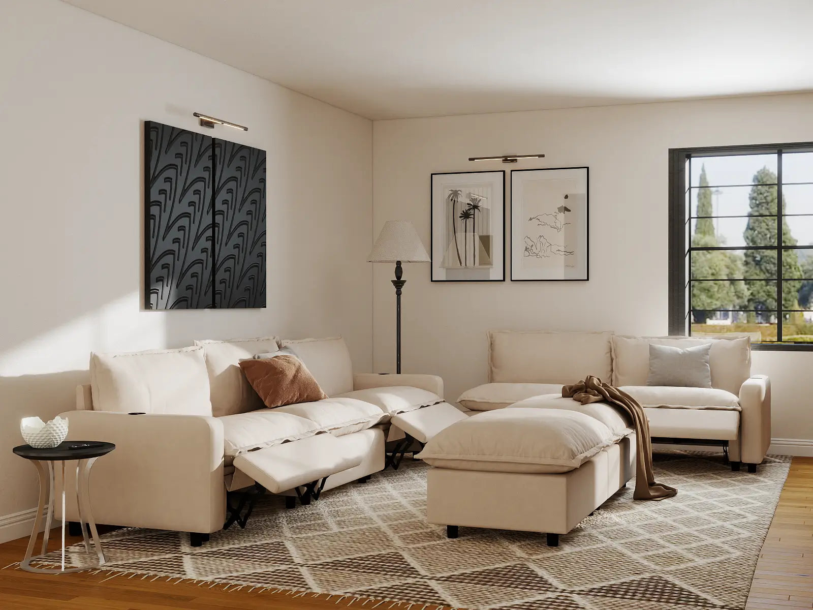 Modular Cero Power Recliner Sofa Set | 7-Piece Beige Linen Open Plan Sofa Sets 5-Seater with 2-Ottomans