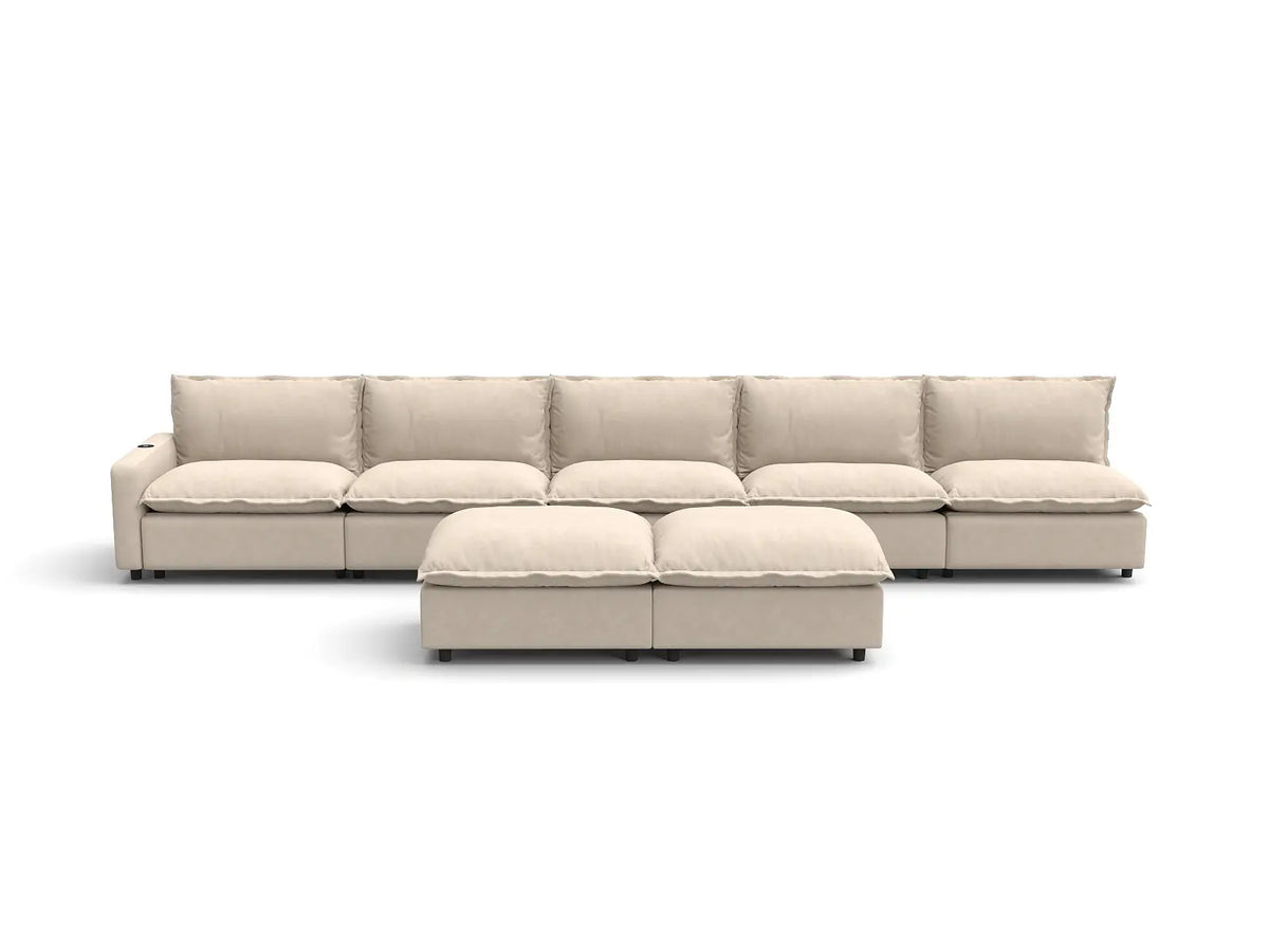 Modular Cero Reclining Sofa and Recliner Set | 7-Piece Beige Linen Open Plan Sofa Sets 5-Seater with 2-Ottomans