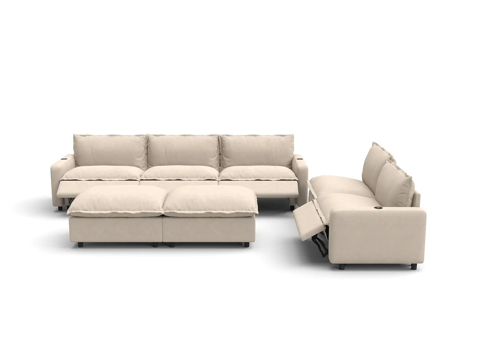 Modular Cero Recliner Sofa Set for Living Room | 7-Piece Beige Linen Open Plan Sofa Sets 5-Seater with 2-Ottomans