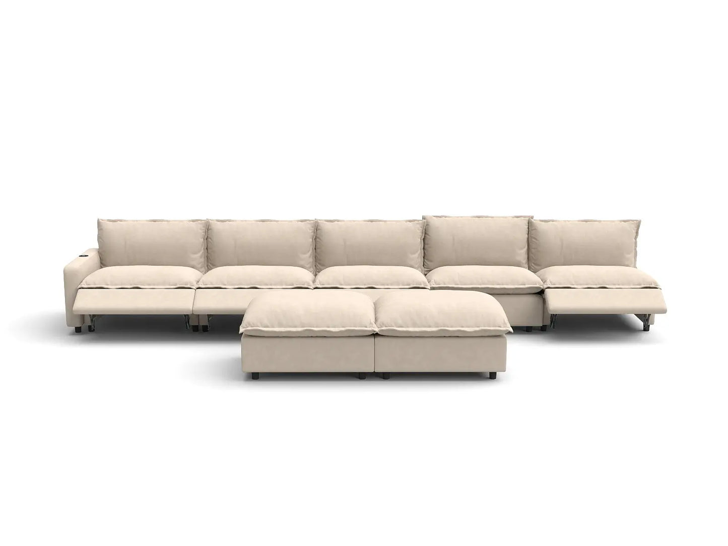 Modular Cero Reclining Sectionals | 7-Piece Beige Linen Open Plan Sofa Sets 5-Seater with 2-Ottomans