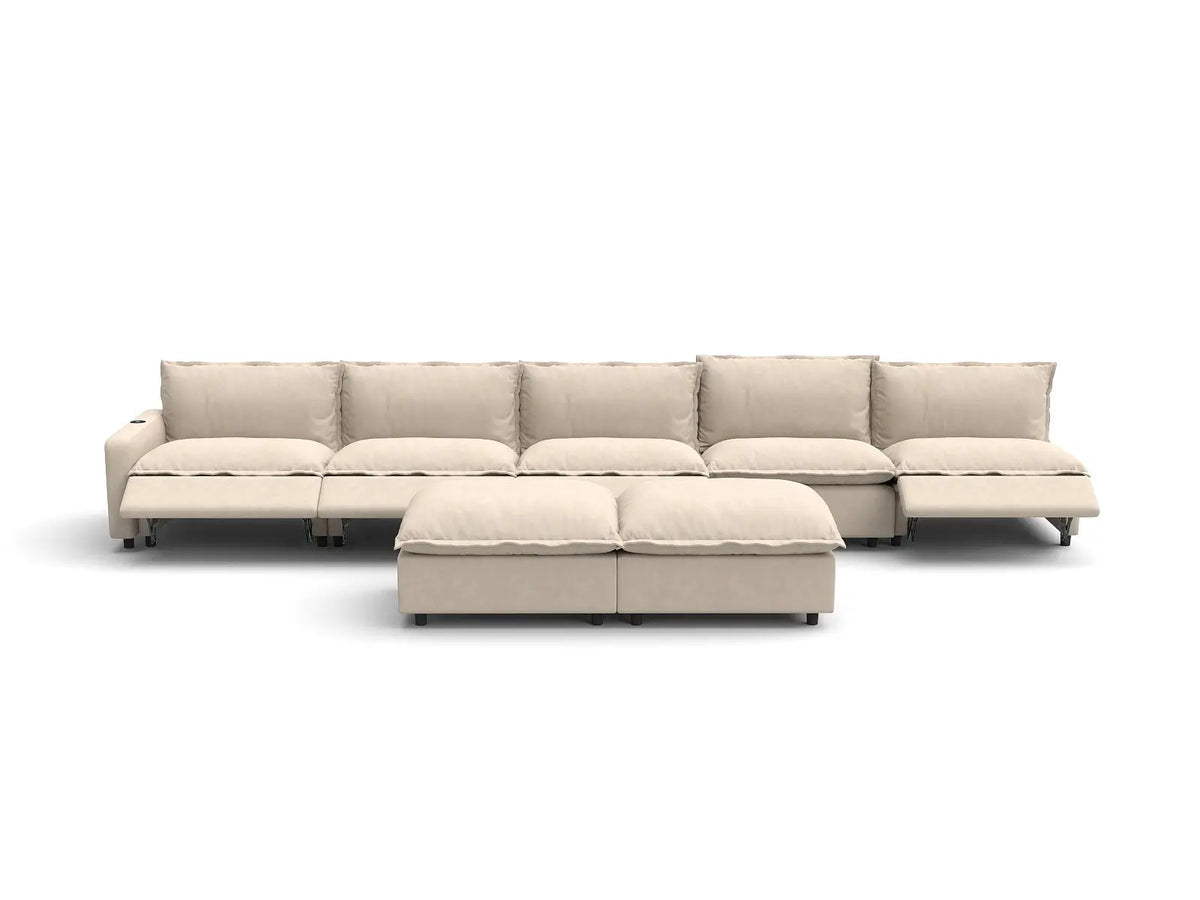 Modular Cero Reclining Sofa and Recliner Set | 7-Piece Beige Linen Open Plan Sofa Sets 5-Seater with 2-Ottomans