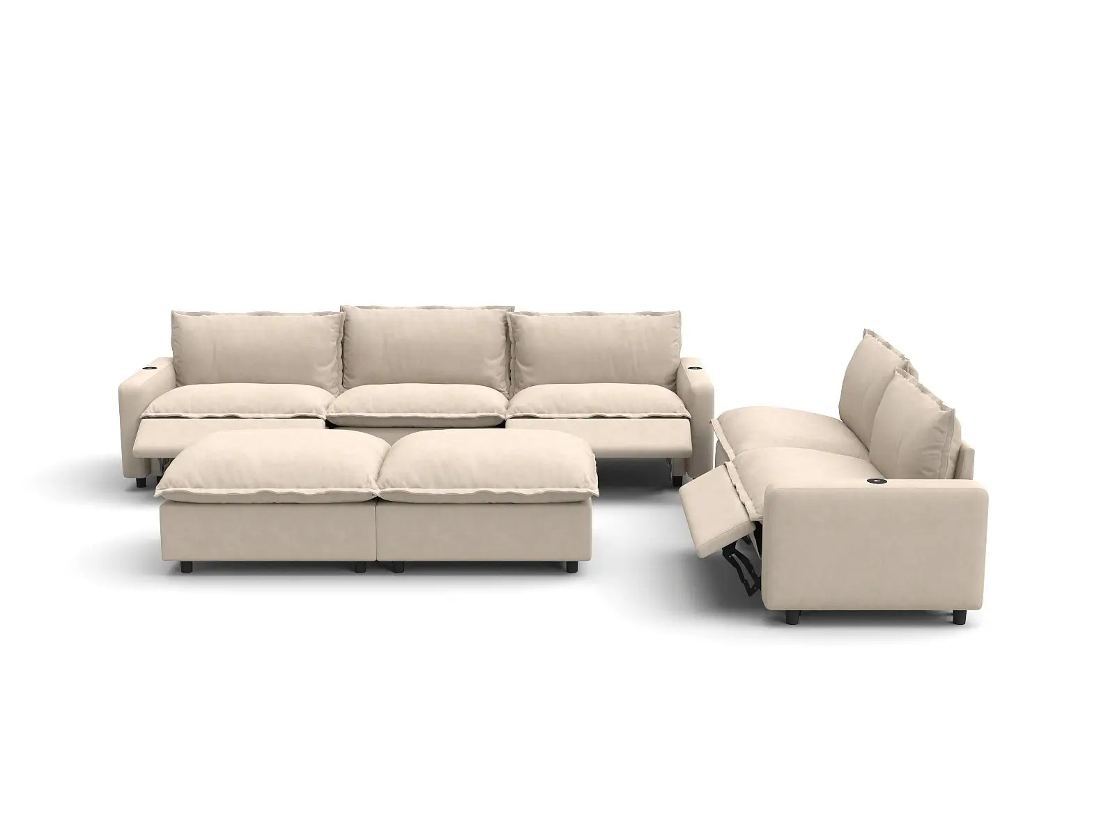Modular Cero Power Recliner Sofa Set | 7-Piece Beige Linen Open Plan Sofa Sets 5-Seater with 2-Ottomans