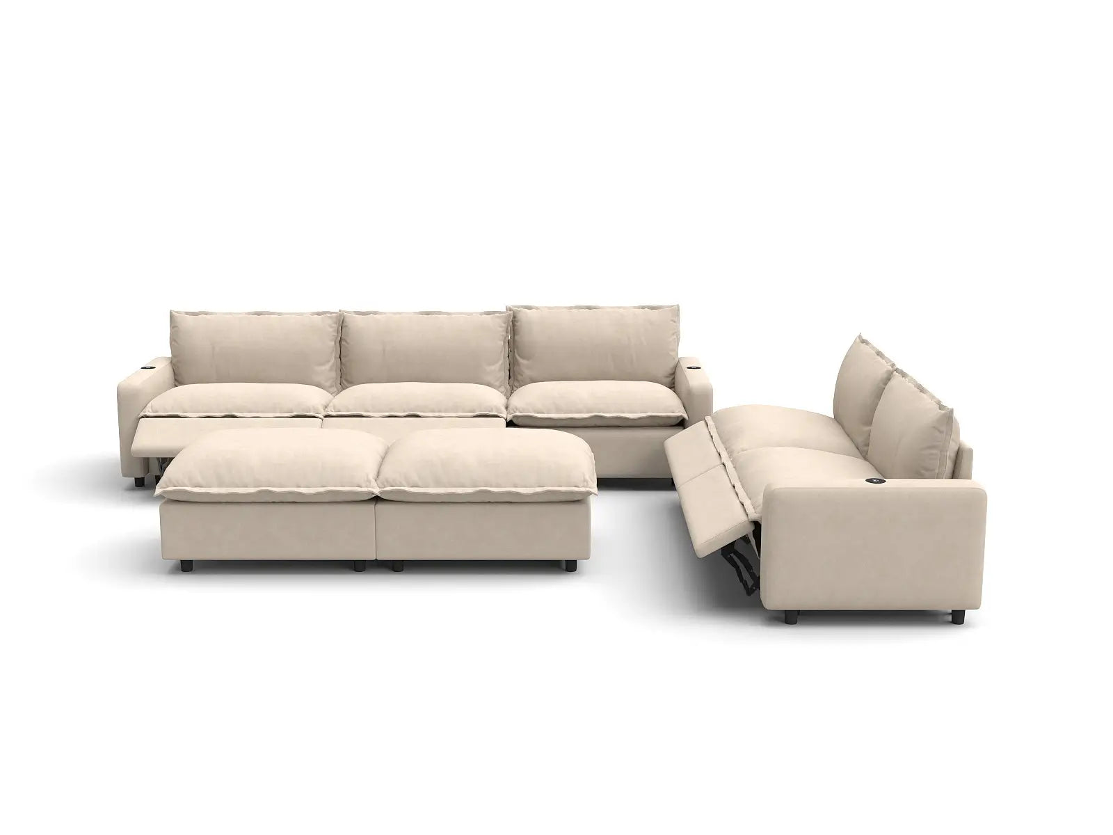 Modular Cero Sofa and Recliner Set Sale | 7-Piece Beige Linen Open Plan Sofa Sets 5-Seater with 2-Ottomans