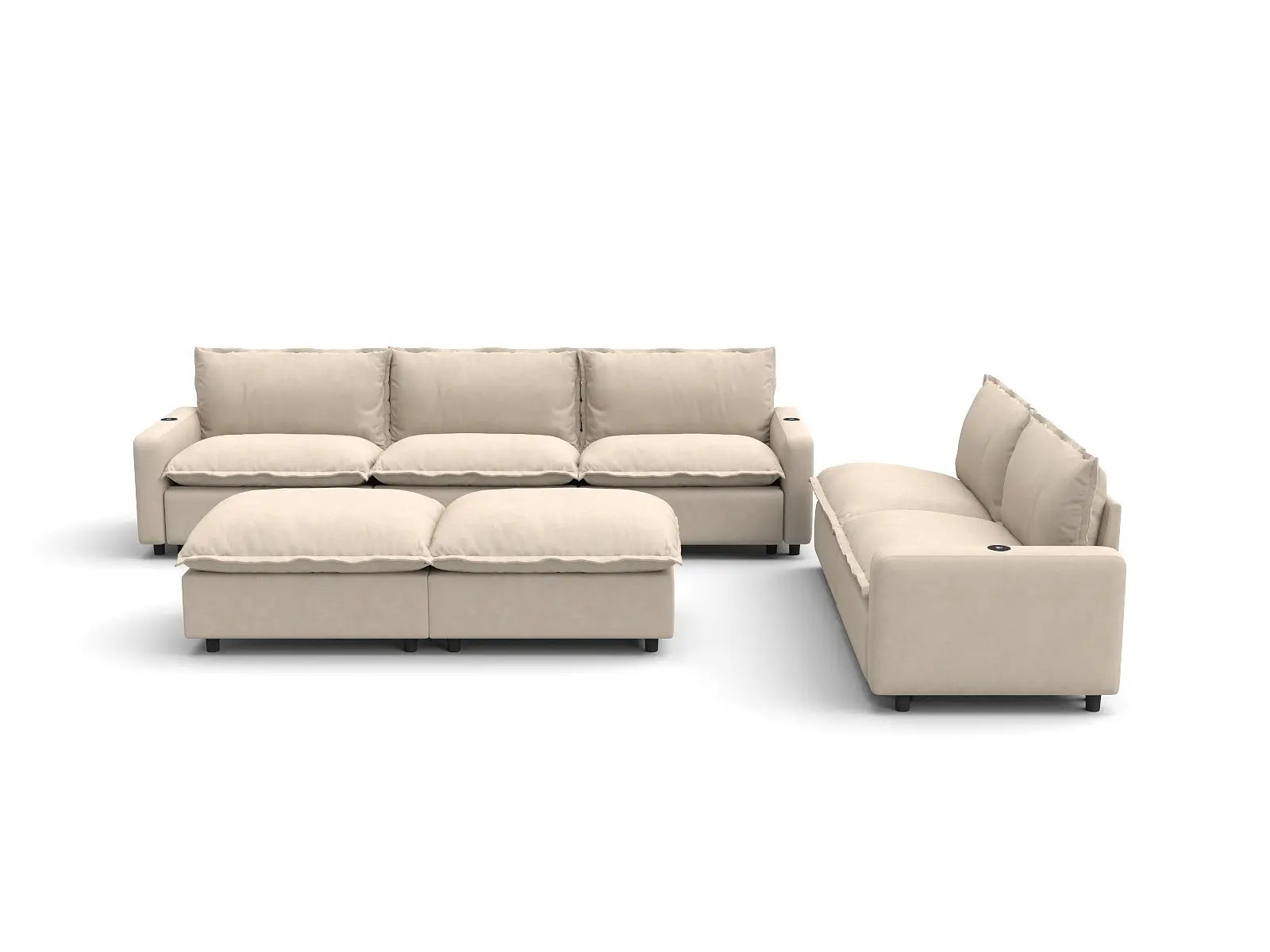 Modular Cero Recliner Sofa Set for Living Room | 7-Piece Beige Linen Open Plan Sofa Sets 5-Seater with 2-Ottomans