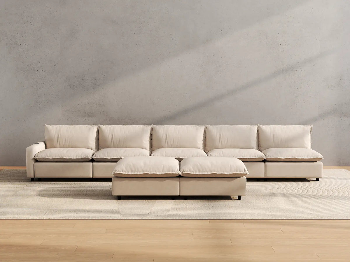 Modular Cero Reclining Sofa and Recliner Set | 7-Piece Beige Linen Open Plan Sofa Sets 5-Seater with 2-Ottomans