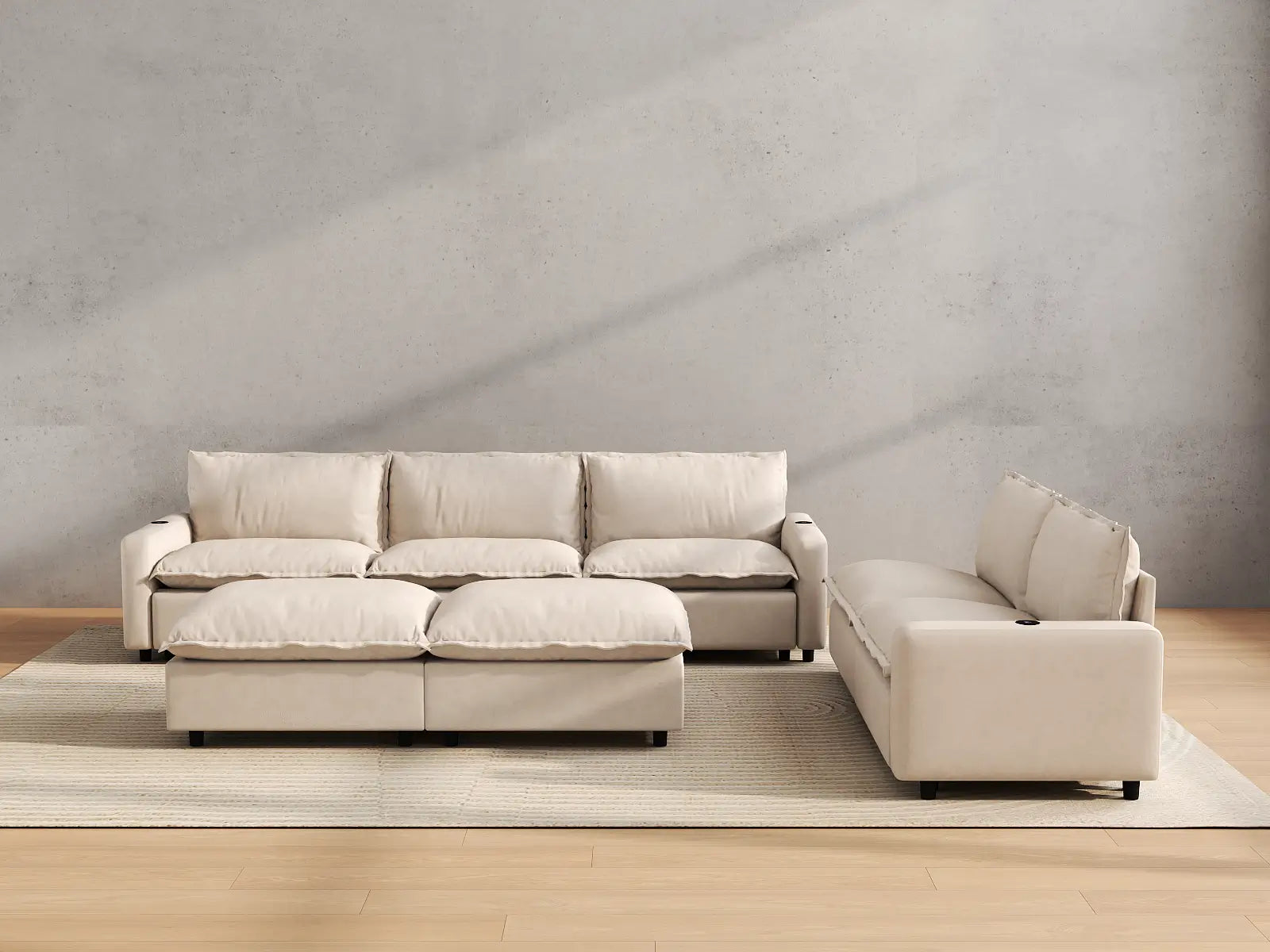 Modular Cero Recliner Sofa Set for Living Room | 7-Piece Beige Linen Open Plan Sofa Sets 5-Seater with 2-Ottomans