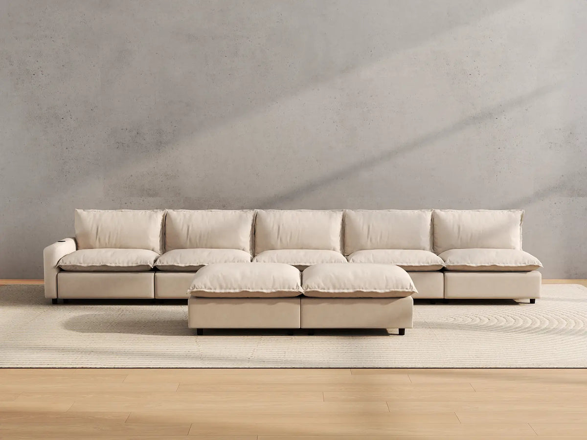 Modular Cero Living Room Sofa Set Recliner | 7-Piece Beige Linen Open Plan Sofa Sets 5-Seater with 2-Ottomans