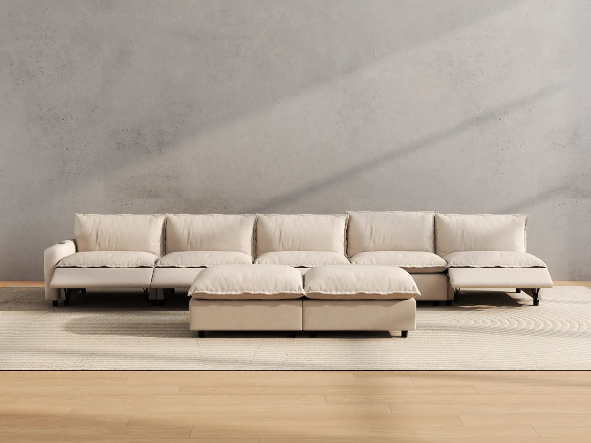 Modular Cero Reclining Sofa and Recliner Set | 7-Piece Beige Linen Open Plan Sofa Sets 5-Seater with 2-Ottomans