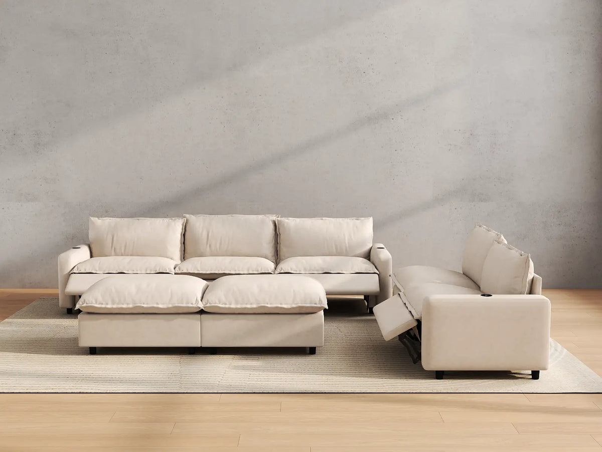 Modular Cero Reclining Sectionals | 7-Piece Beige Linen Open Plan Sofa Sets 5-Seater with 2-Ottomans