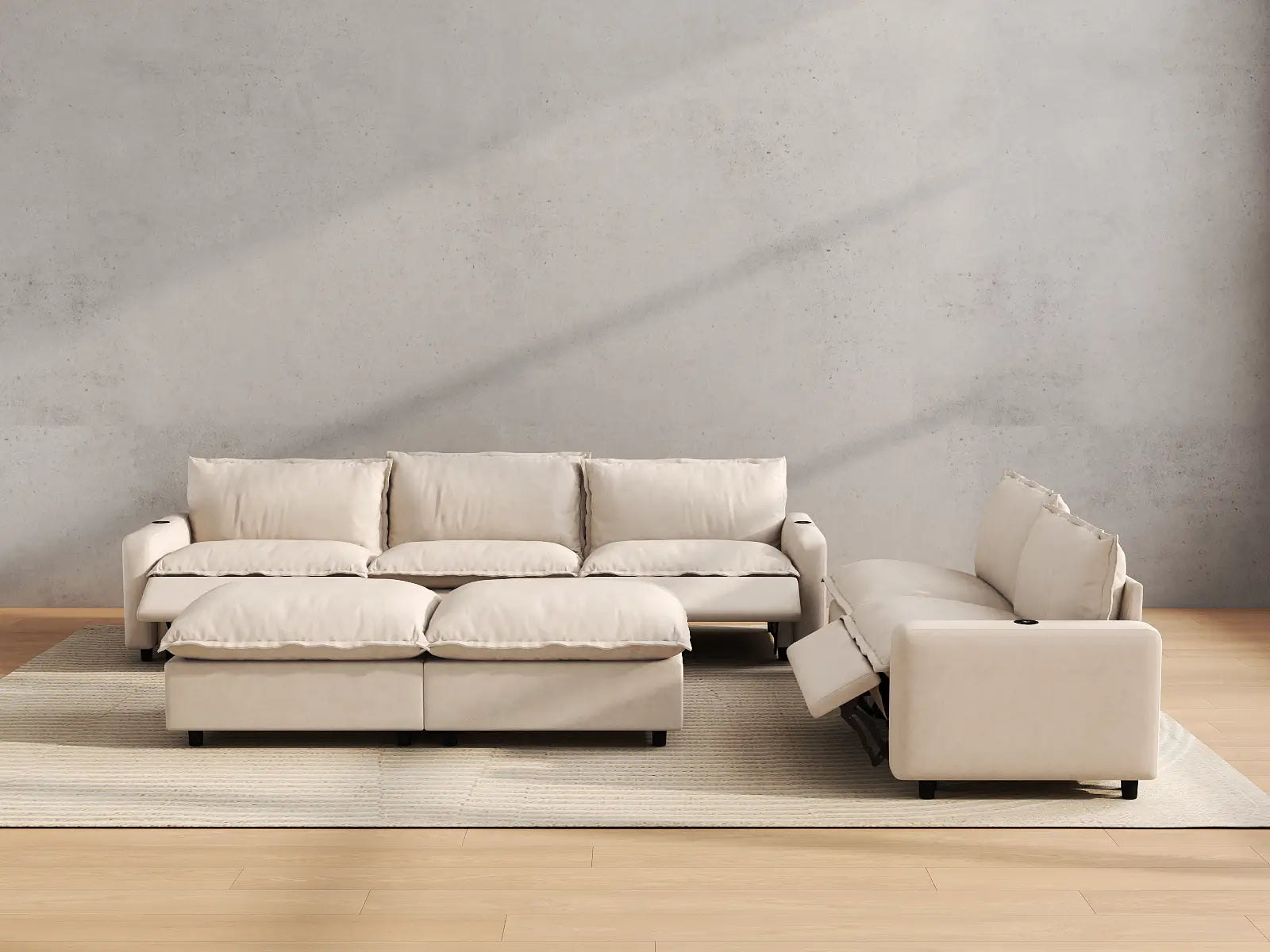 Modular Cero Power Recliner Sofa Set | 7-Piece Beige Linen Open Plan Sofa Sets 5-Seater with 2-Ottomans