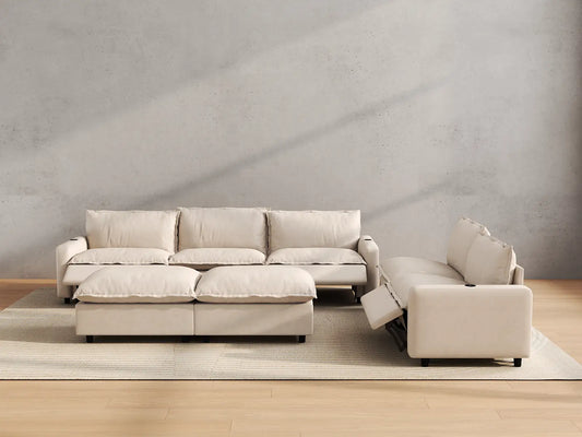 Modular Cero Reclining Sectionals | 7-Piece Beige Linen Open Plan Sofa Sets 5-Seater with 2-Ottomans