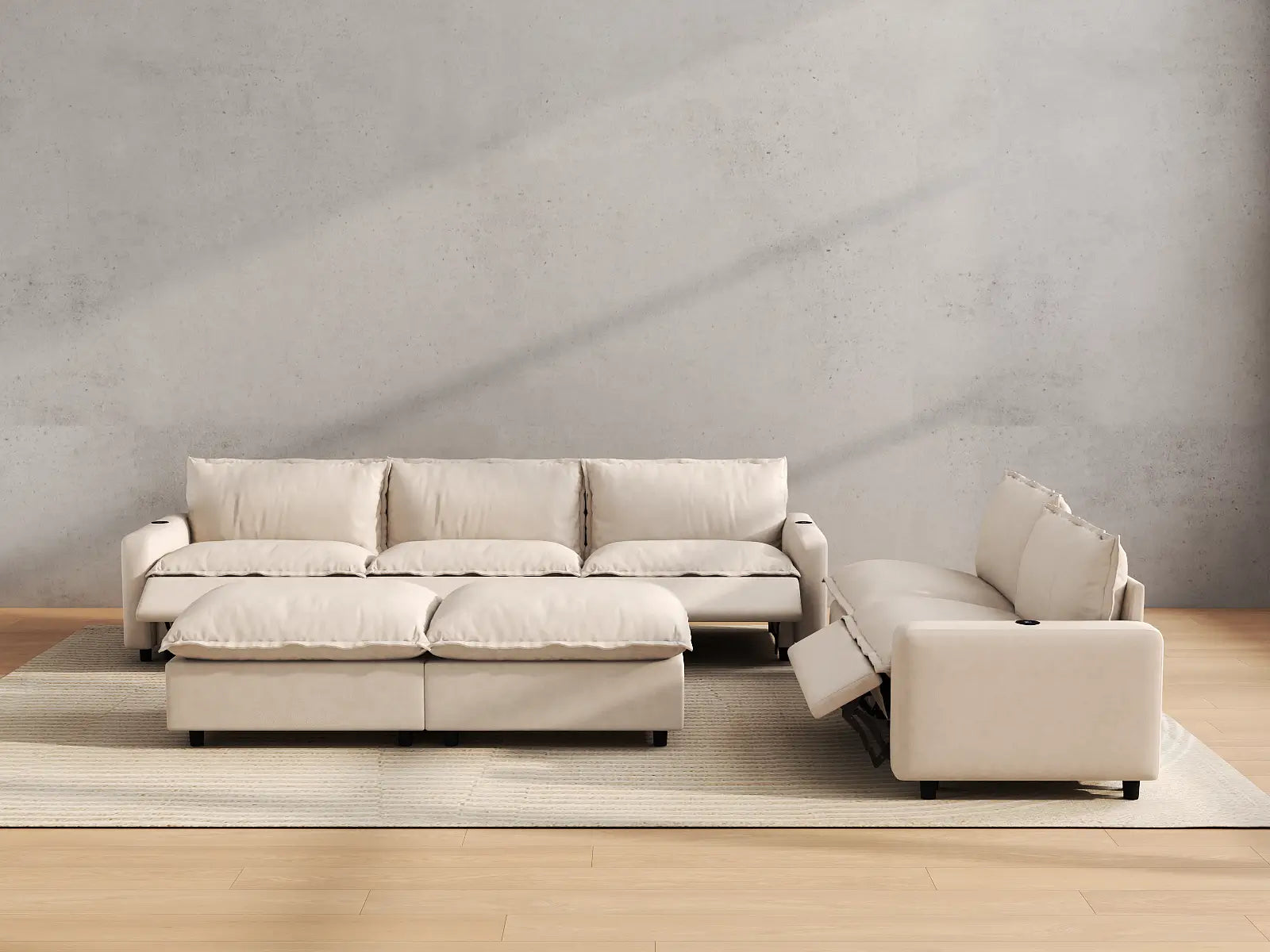 Modular Cero Recliner Sofa Set for Living Room | 7-Piece Beige Linen Open Plan Sofa Sets 5-Seater with 2-Ottomans
