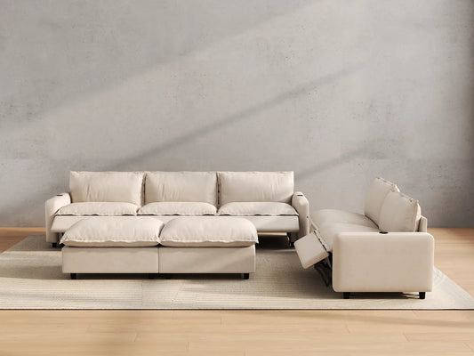 Modular Cero Reclining Sectionals | 7-Piece Beige Linen Open Plan Sofa Sets 5-Seater with 2-Ottomans