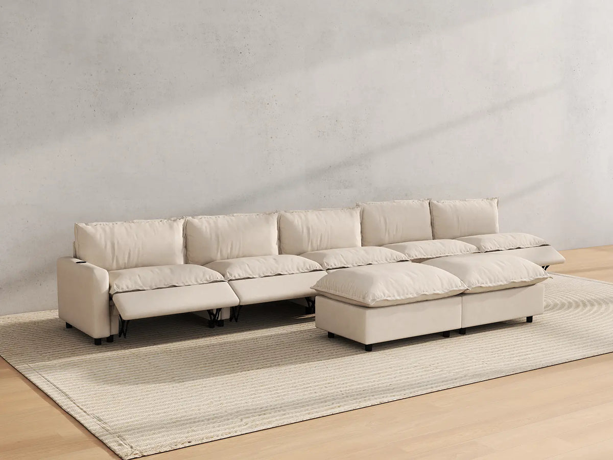 Modular Cero Reclining Sofa and Recliner Set | 7-Piece Beige Linen Open Plan Sofa Sets 5-Seater with 2-Ottomans