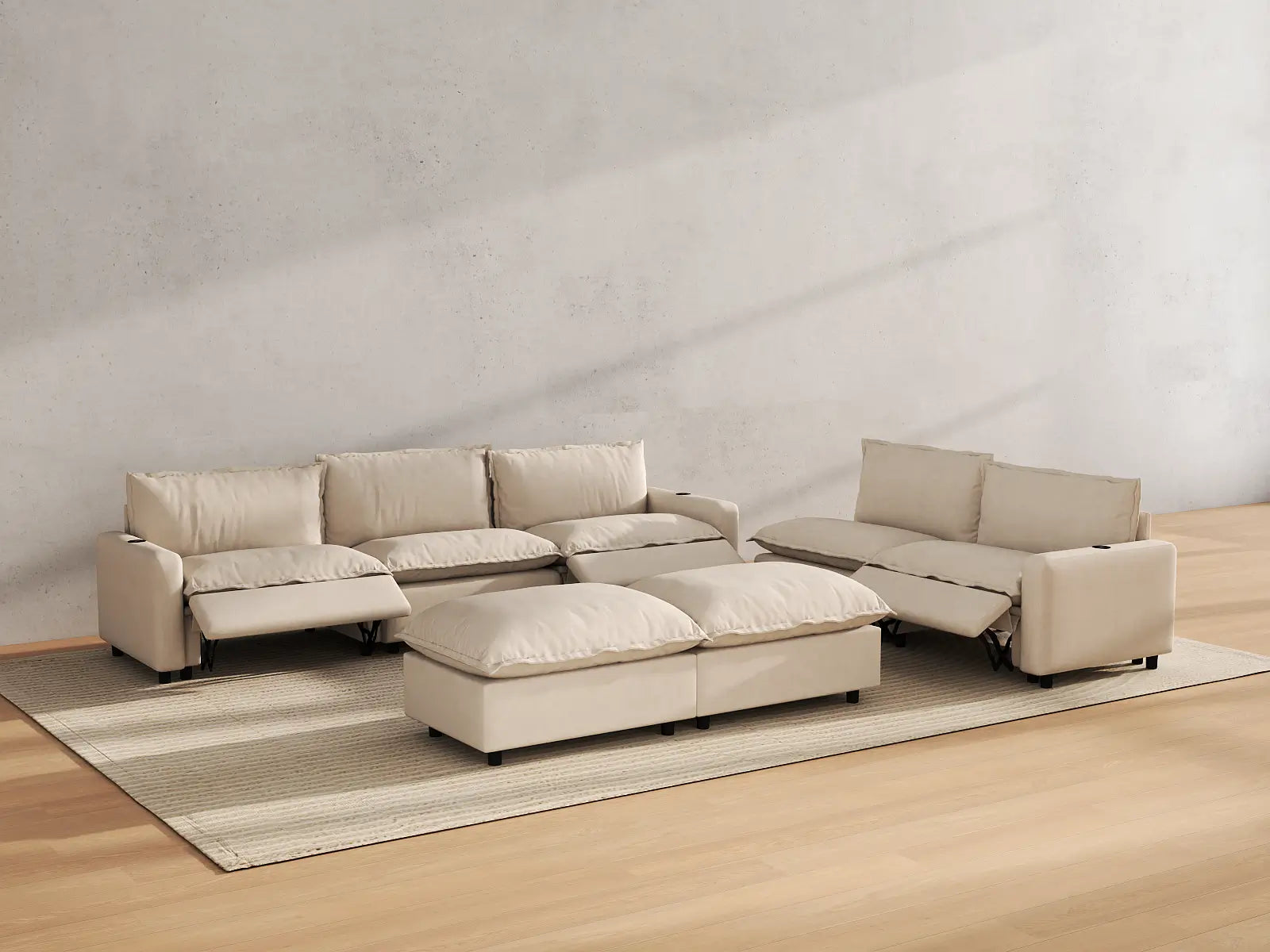 Modular Cero Power Recliner Sofa Set | 7-Piece Beige Linen Open Plan Sofa Sets 5-Seater with 2-Ottomans