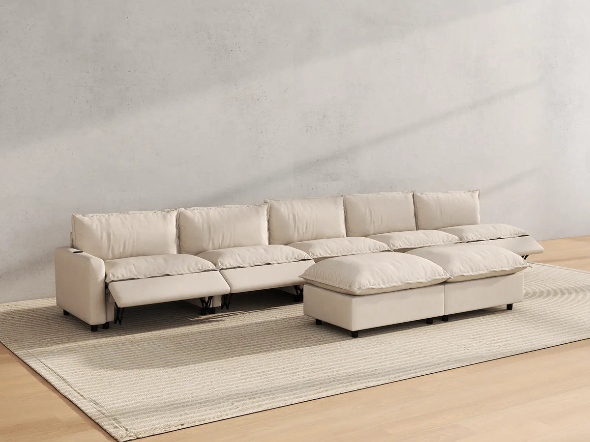 Modular Cero Living Room Sofa Set Recliner | 7-Piece Beige Linen Open Plan Sofa Sets 5-Seater with 2-Ottomans