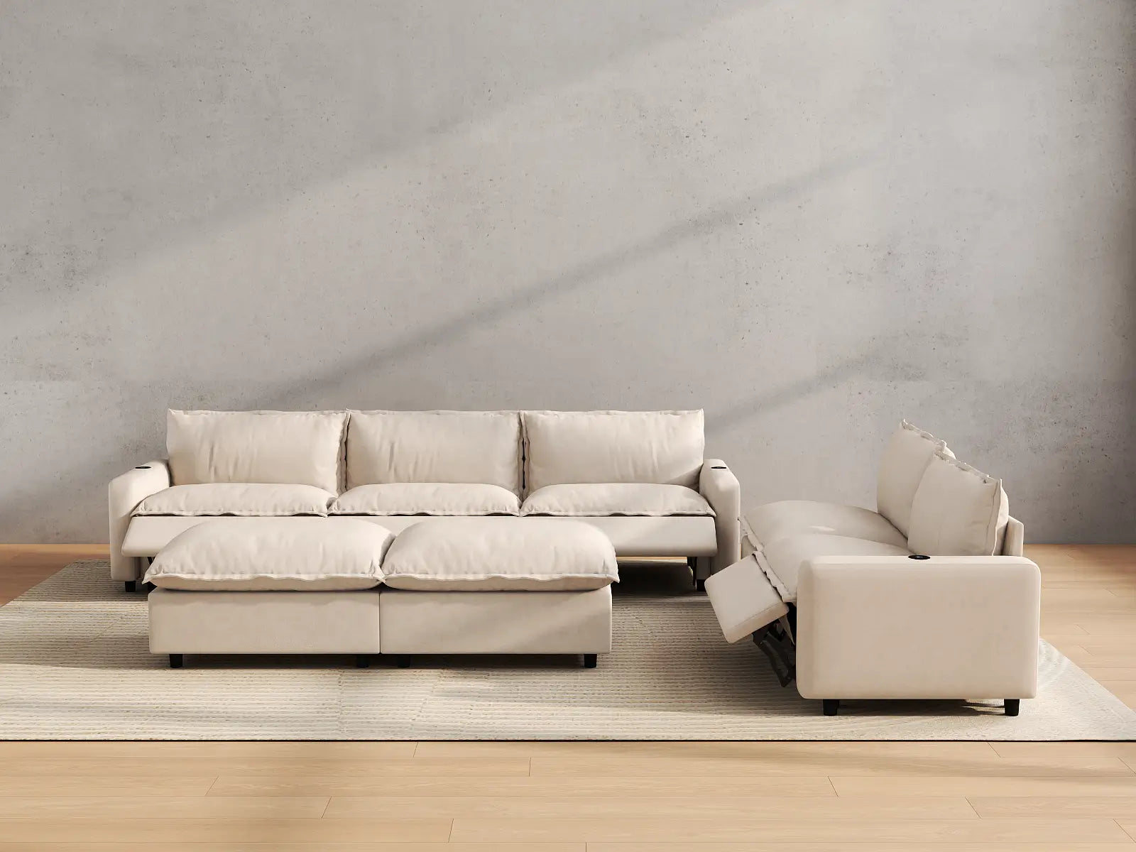 Modular Cero Sofa and Recliner Set Sale | 7-Piece Beige Linen Open Plan Sofa Sets 5-Seater with 2-Ottomans