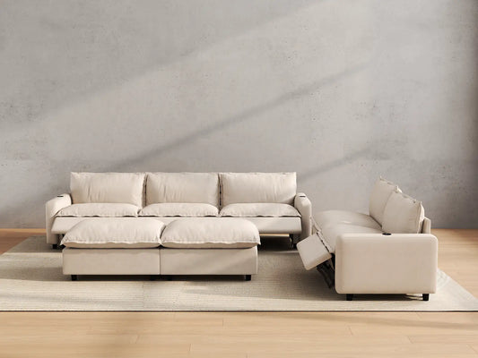 Modular Cero Reclining Sectionals | 7-Piece Beige Linen Open Plan Sofa Sets 5-Seater with 2-Ottomans