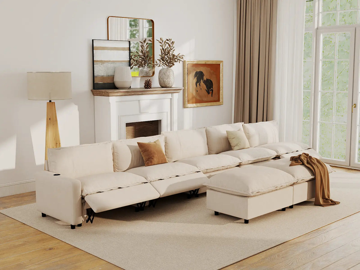 Modular Cero Living Room Sofa Set Recliner | 7-Piece Beige Linen Open Plan Sofa Sets 5-Seater with 2-Ottomans