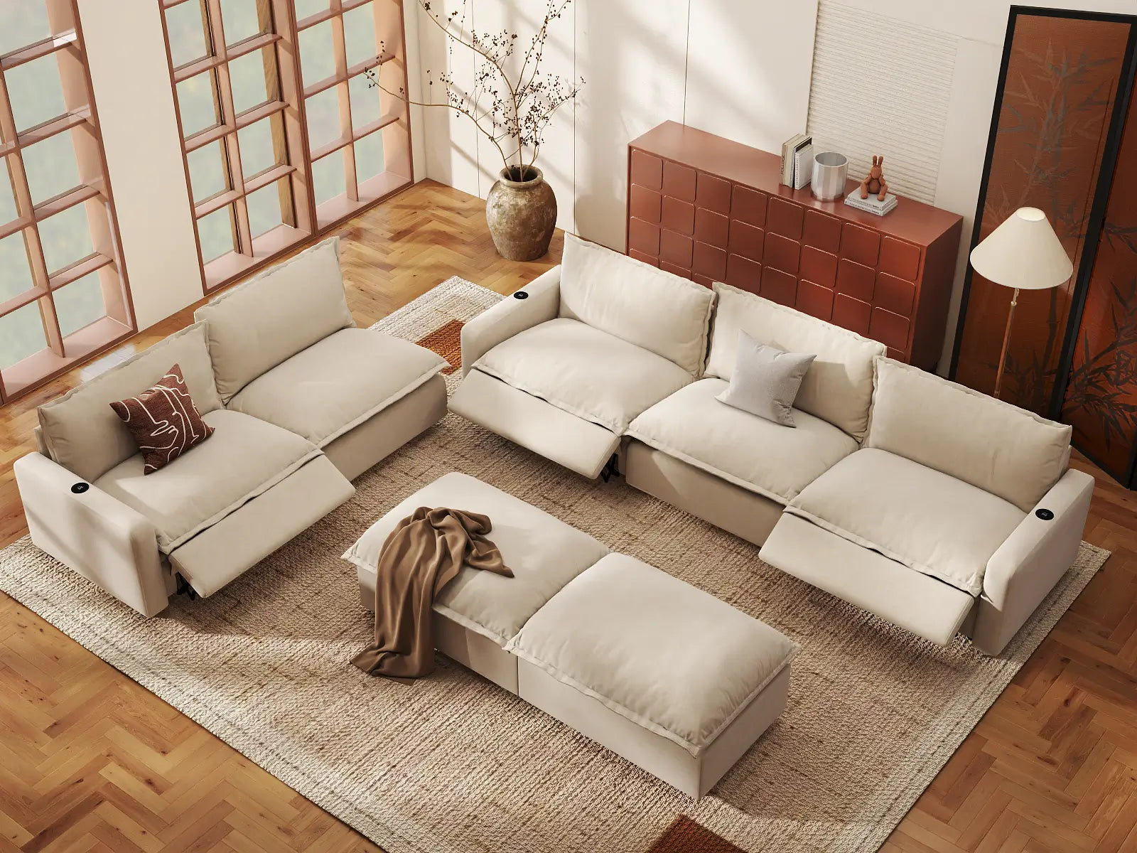 Modular Cero Power Recliner Sofa Set | 7-Piece Beige Linen Open Plan Sofa Sets 5-Seater with 2-Ottomans