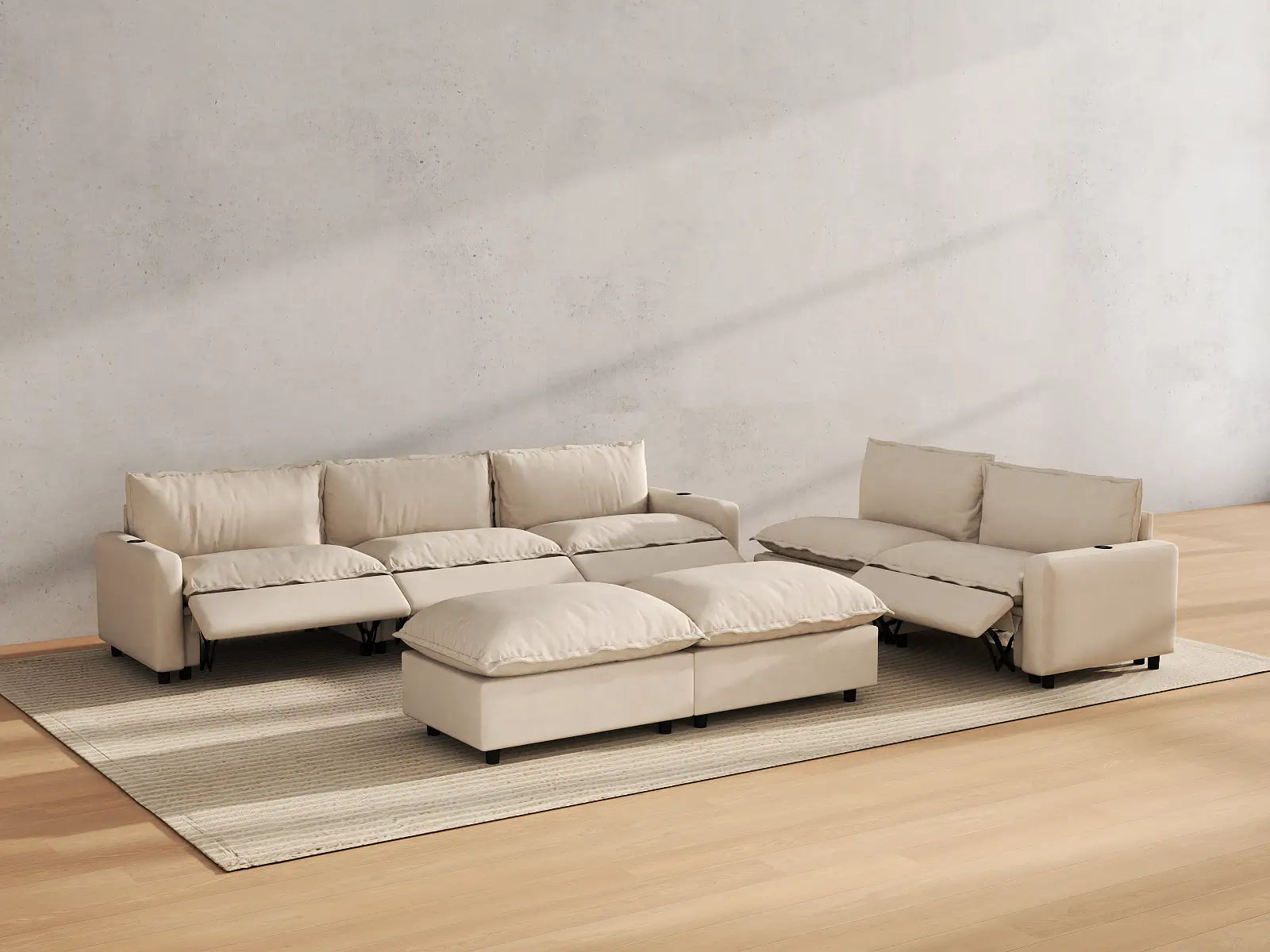 Modular Cero Sofa and Recliner Set Sale | 7-Piece Beige Linen Open Plan Sofa Sets 5-Seater with 2-Ottomans