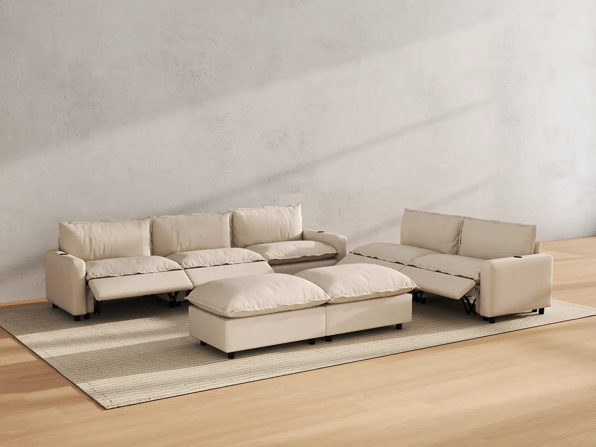 Modular Cero Reclining Sectionals | 7-Piece Beige Linen Open Plan Sofa Sets 5-Seater with 2-Ottomans