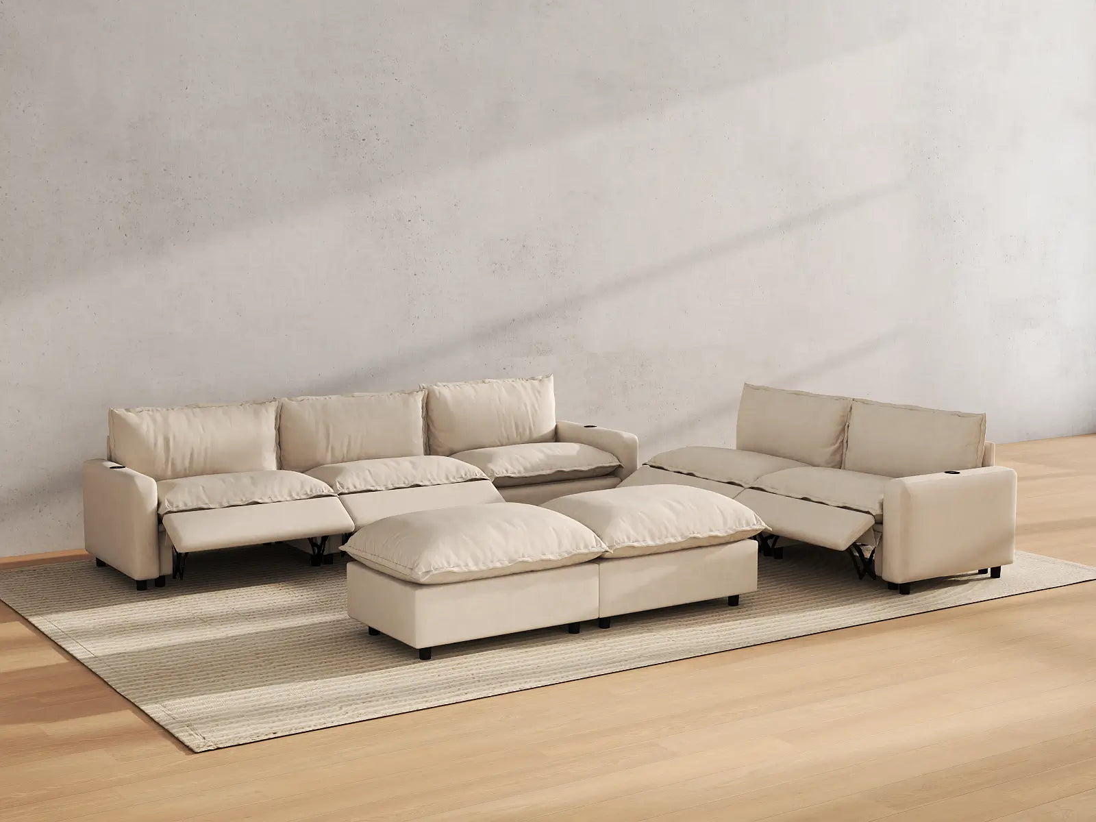 Modular Cero Sofa and Recliner Set Sale | 7-Piece Beige Linen Open Plan Sofa Sets 5-Seater with 2-Ottomans