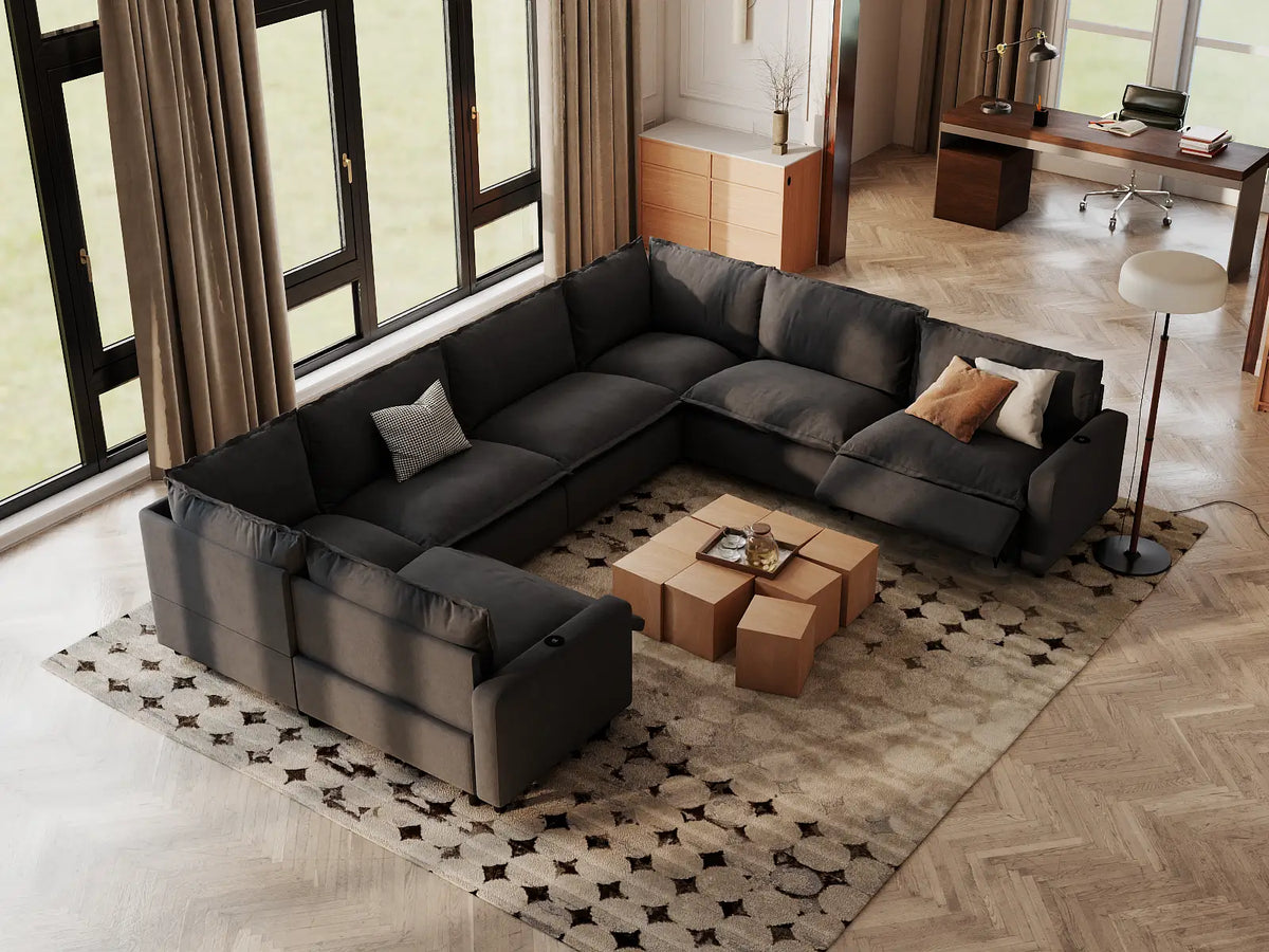 Modular Cero Reclining Sectionals | 7-Piece Grey Linen Grand Estate U-Shaped Sectionals 7-Seater