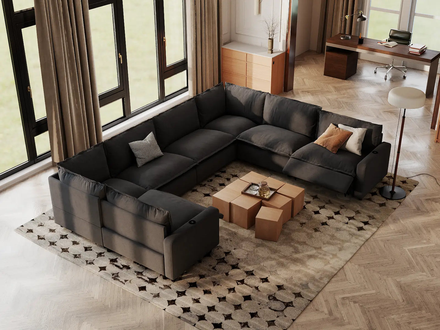 Modular Cero Reclining Sectionals | 7-Piece Grey Linen Grand Estate U-Shaped Sectionals 7-Seater
