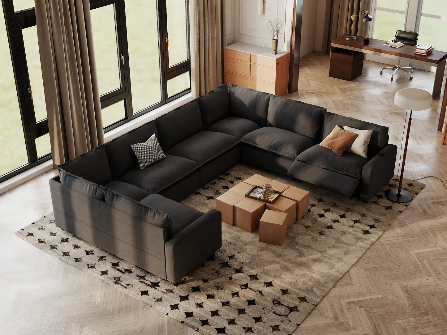 Modular Cero Reclining Sectionals | 7-Piece Grey Linen Grand Estate U-Shaped Sectionals 7-Seater