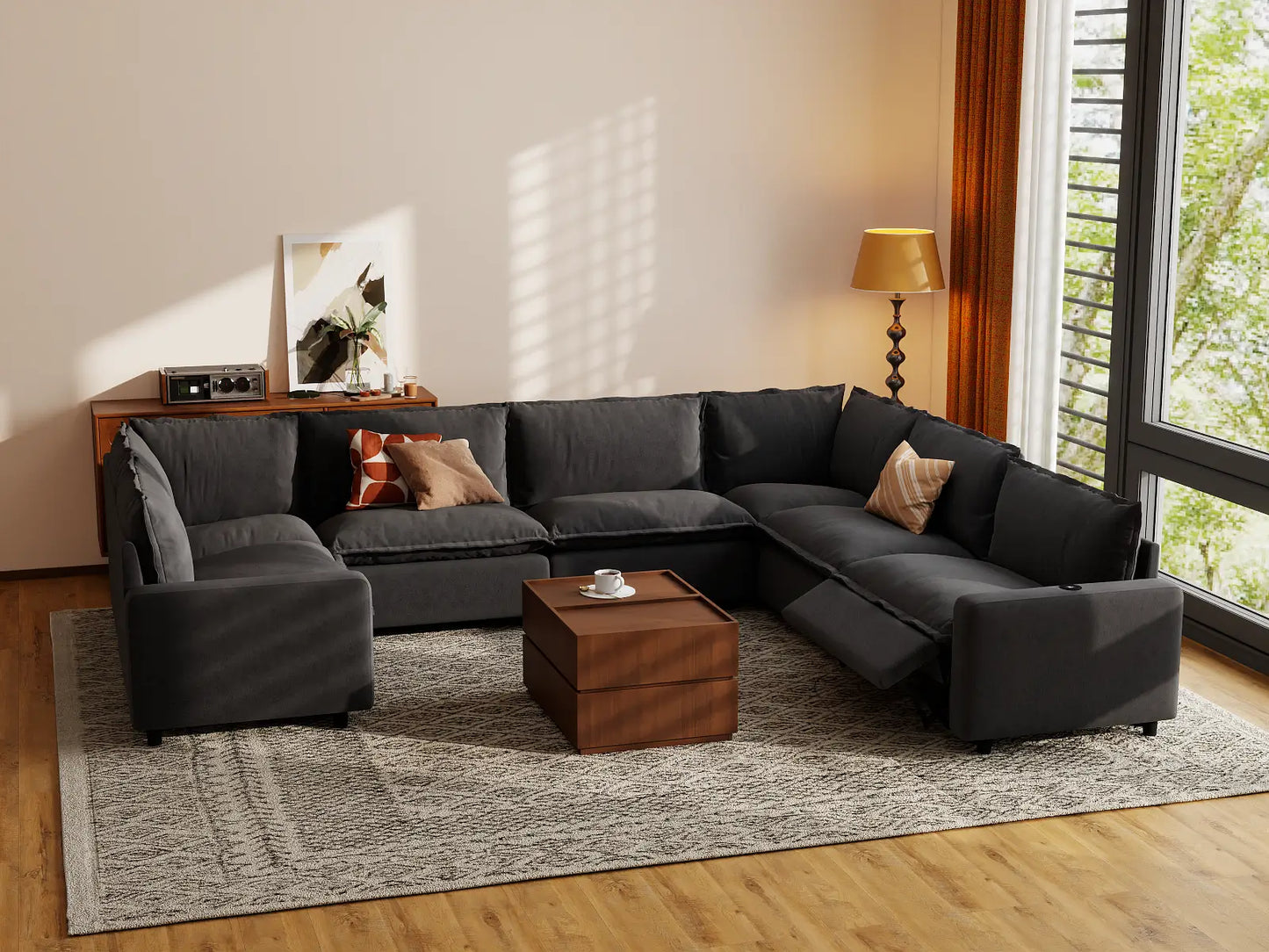 Modular Cero Reclining Sectionals | 7-Piece Grey Linen Grand Estate U-Shaped Sectionals 7-Seater