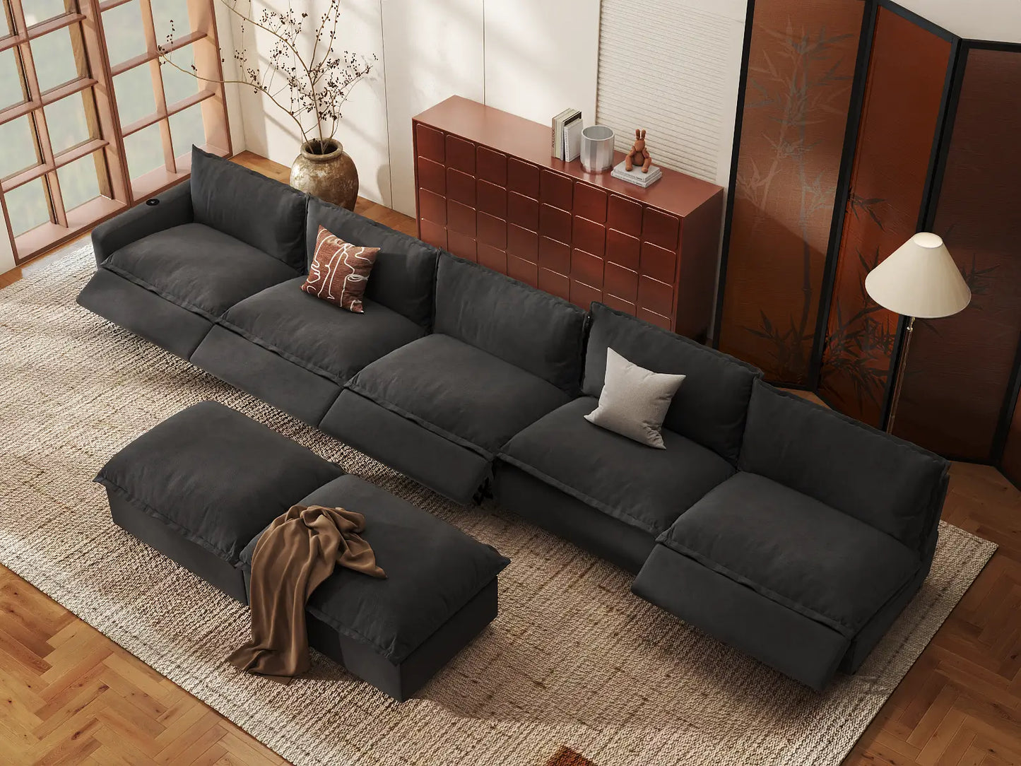 Modular Cero Reclining Sectionals | 7-Piece Grey Linen Large Space Sofa Sets 5-Seater with 2-Ottomans