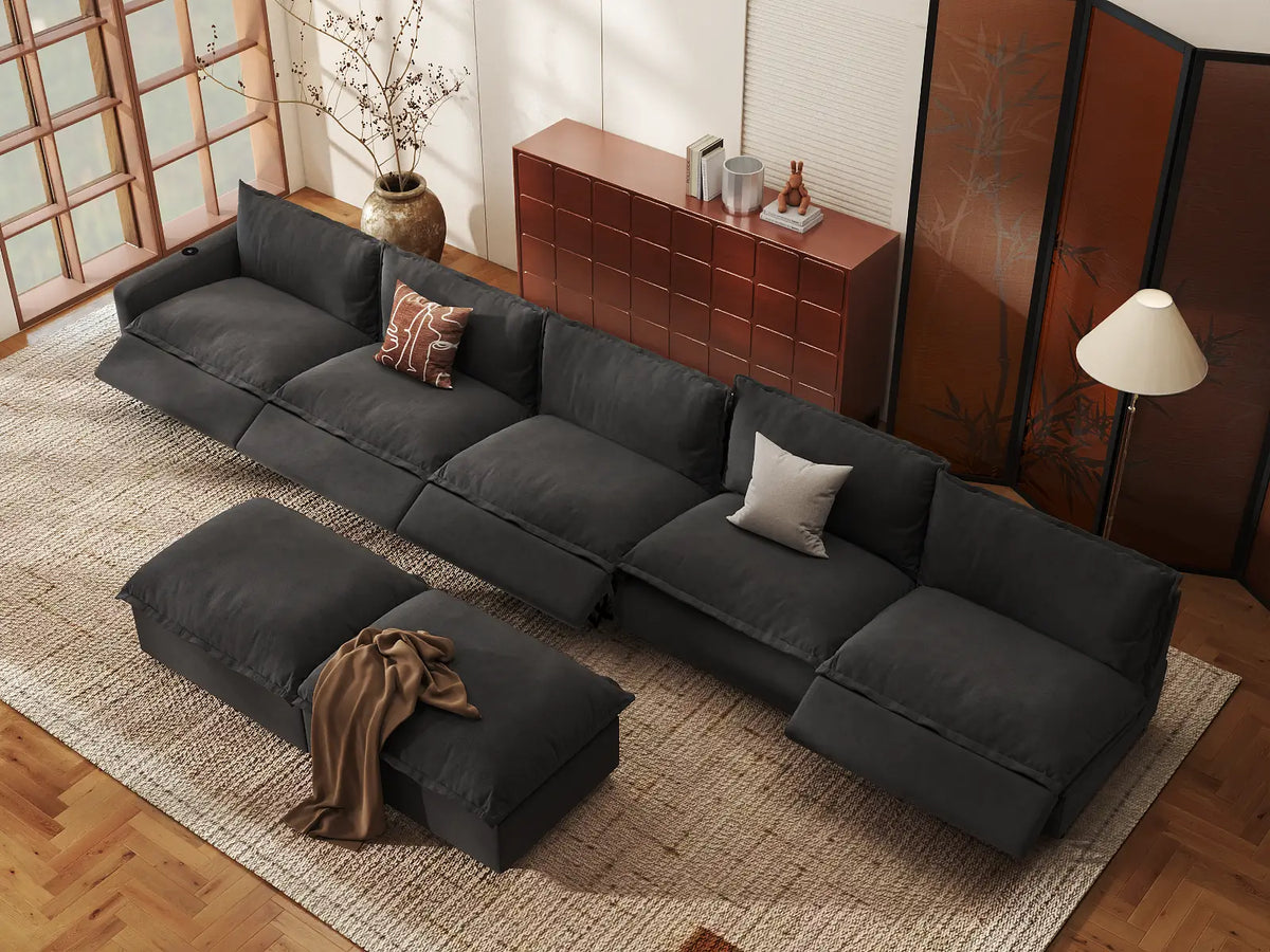 Modular Cero Sofa and Recliner Set Sale | 7-Piece Grey Linen Large Space Sofa Sets 5-Seater with 2-Ottomans