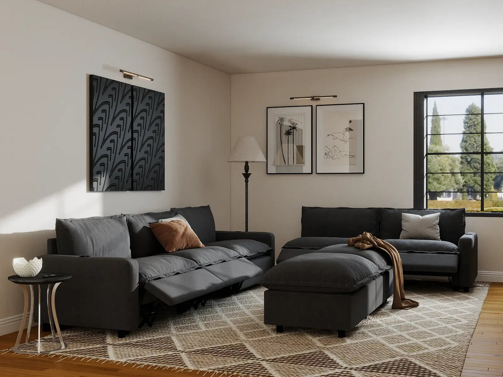 Modular Cero Recliner and Sofa Set | 7-Piece Grey Linen Large Space Sofa Sets 5-Seater with 2-Ottomans