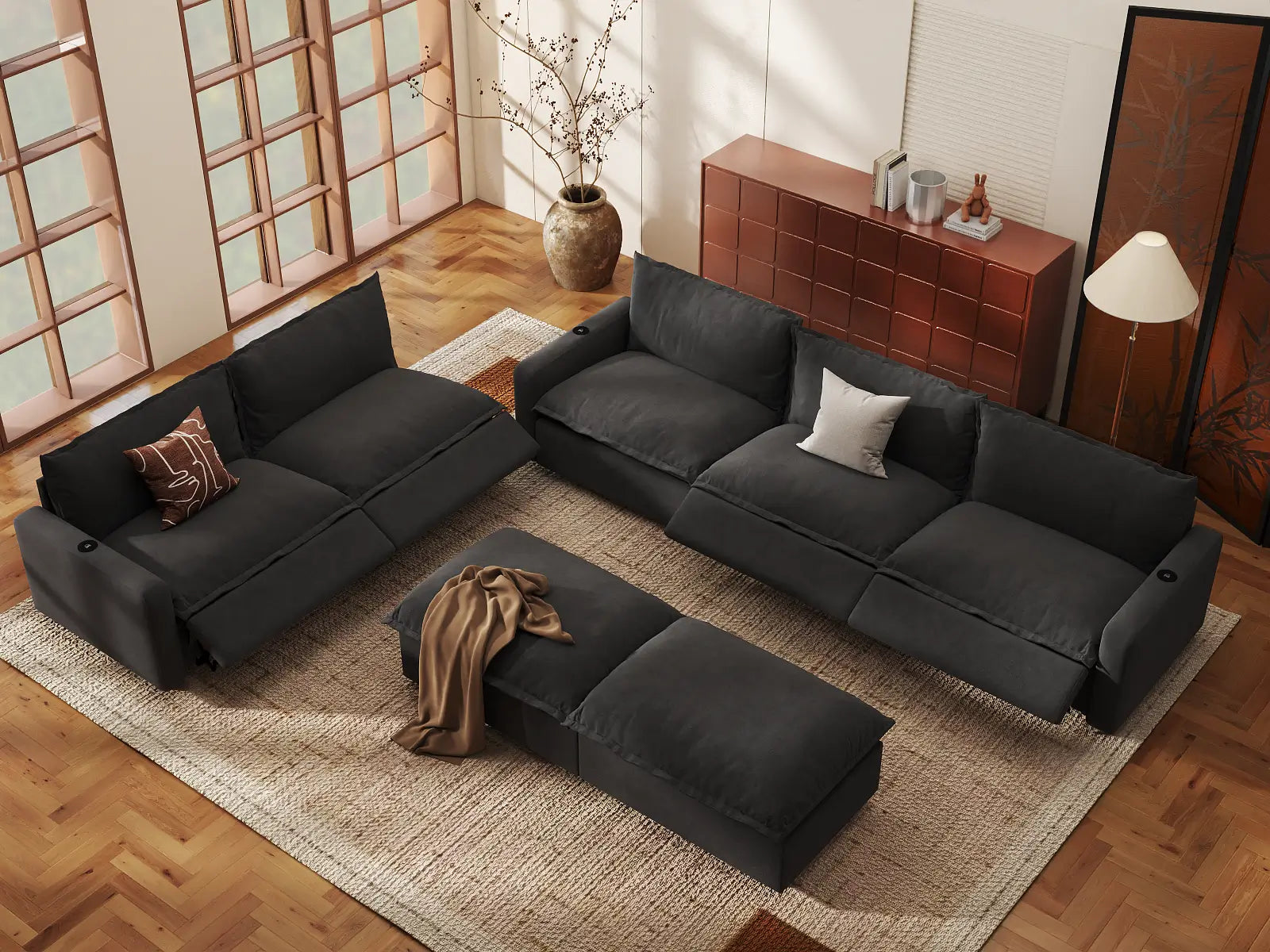Modular Cero Recliner and Sofa Set | 7-Piece Grey Linen Large Space Sofa Sets 5-Seater with 2-Ottomans