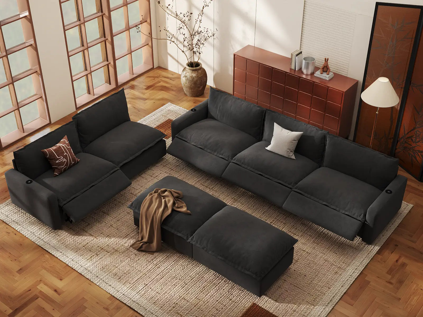 Modular Cero Recliner and Sofa Set | 7-Piece Grey Linen Large Space Sofa Sets 5-Seater with 2-Ottomans