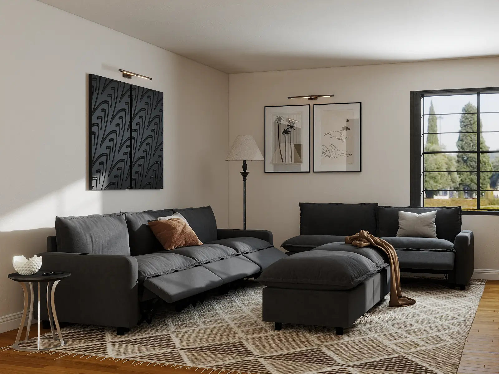 Modular Cero Sofa Set with Recliner | 7-Piece Grey Linen Large Space Sofa Sets 5-Seater with 2-Ottomans