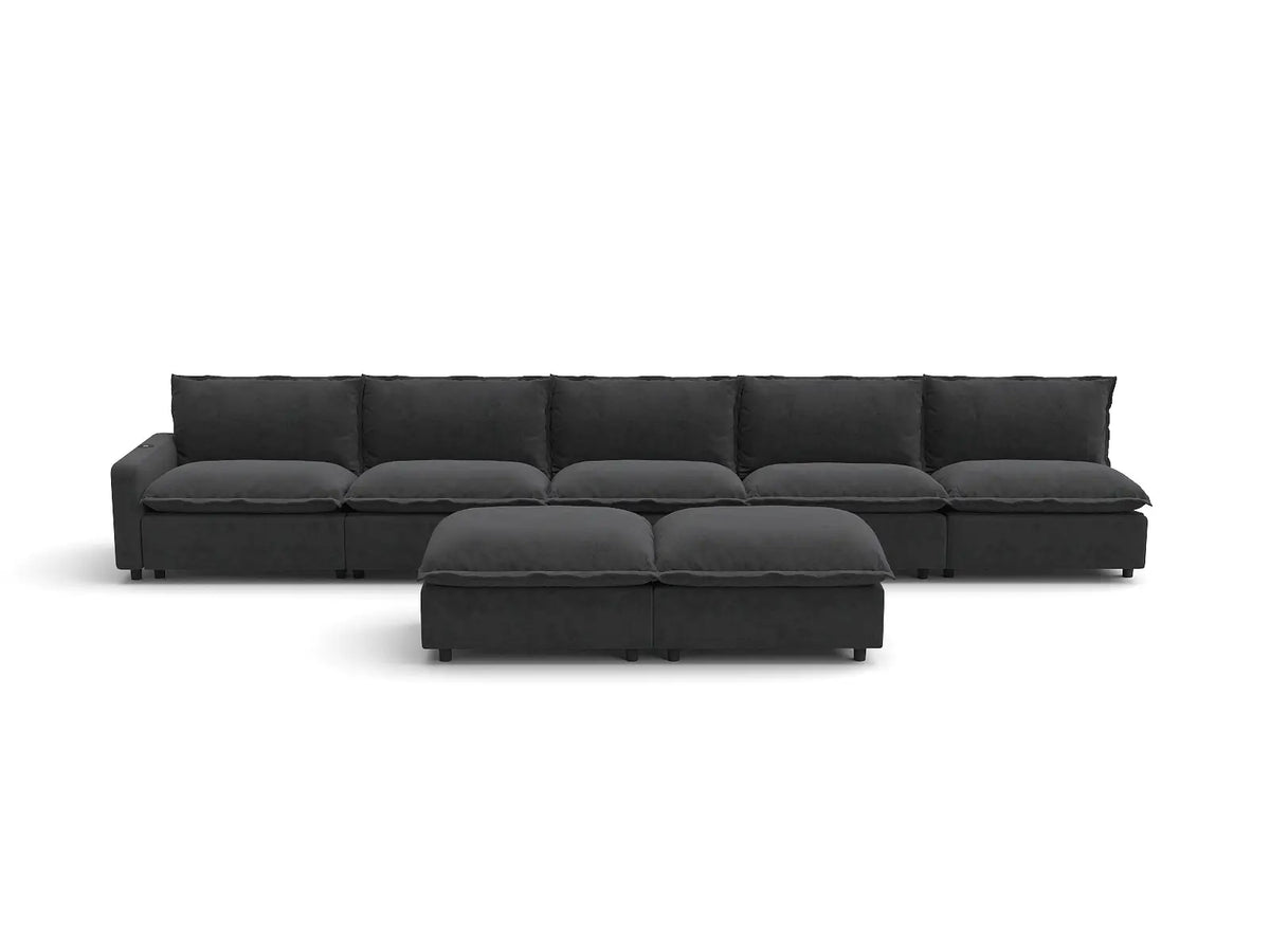 Modular Cero Sofa and Recliner Set Sale | 7-Piece Grey Linen Large Space Sofa Sets 5-Seater with 2-Ottomans