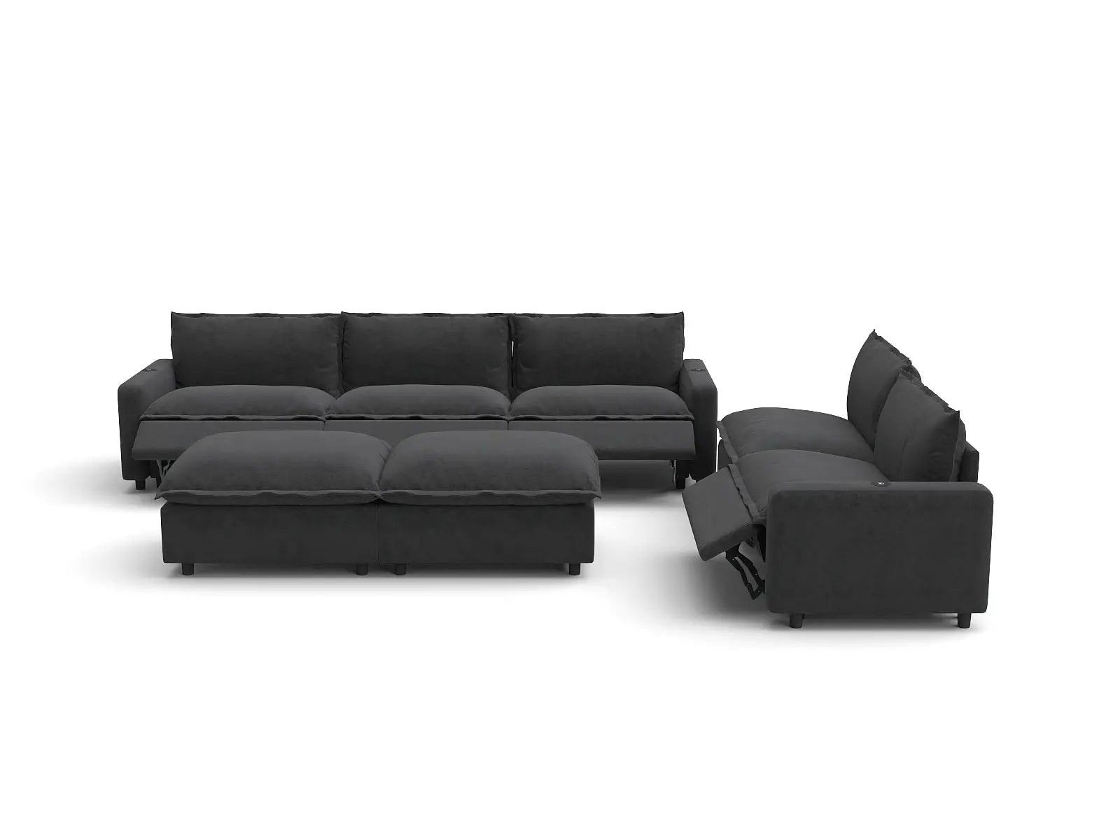 Modular Cero Recliner and Sofa Set | 7-Piece Grey Linen Large Space Sofa Sets 5-Seater with 2-Ottomans