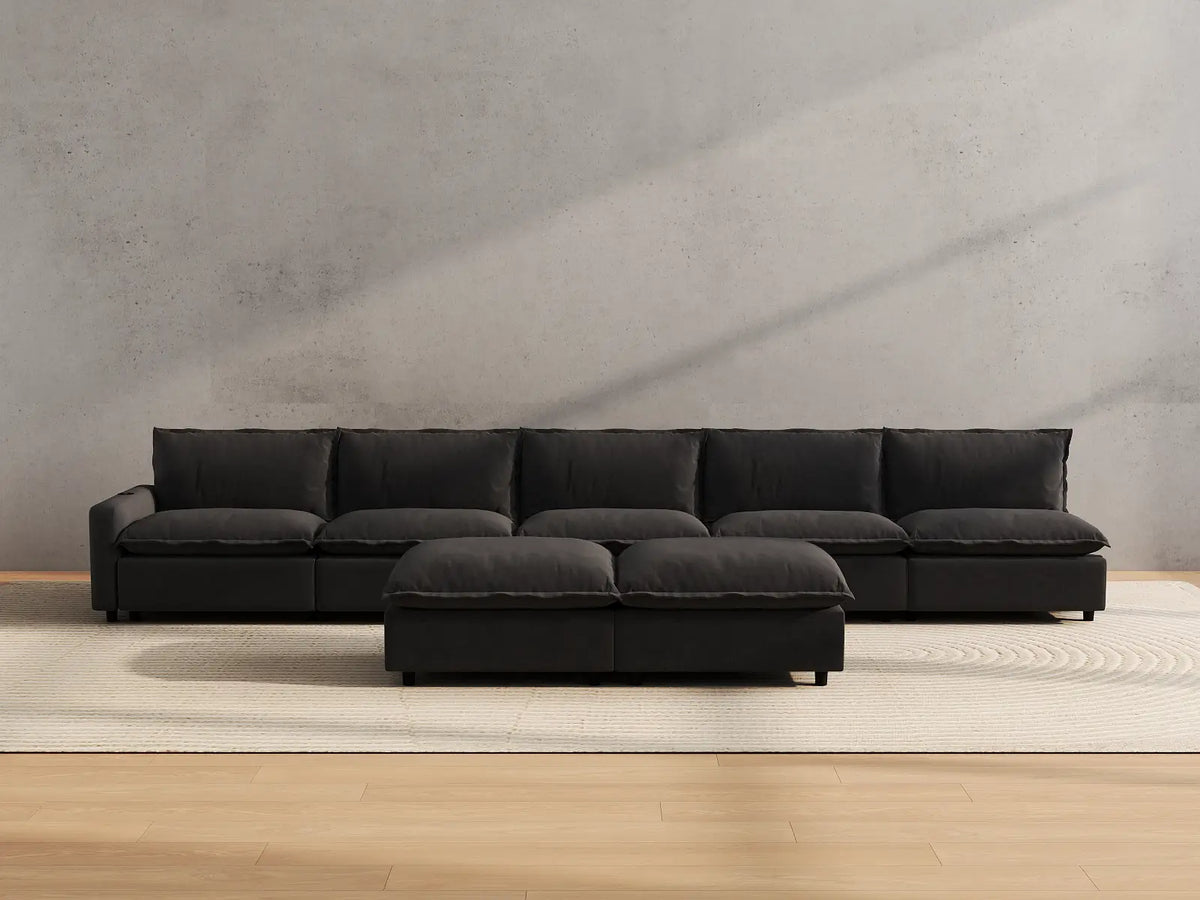 Modular Cero Sofa and Recliner Set Sale | 7-Piece Grey Linen Large Space Sofa Sets 5-Seater with 2-Ottomans