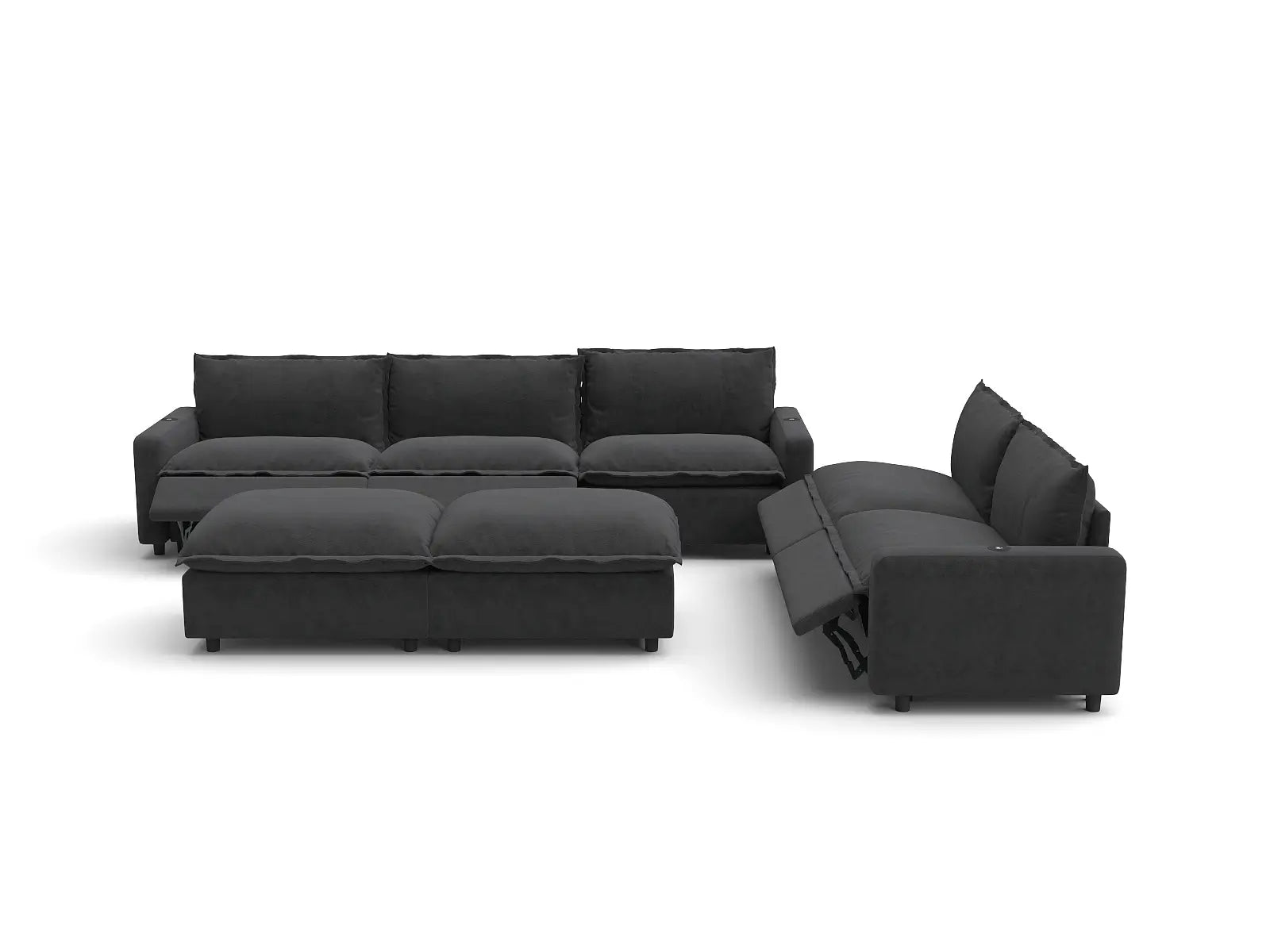 Modular Cero Recliner and Sofa Set | 7-Piece Grey Linen Large Space Sofa Sets 5-Seater with 2-Ottomans