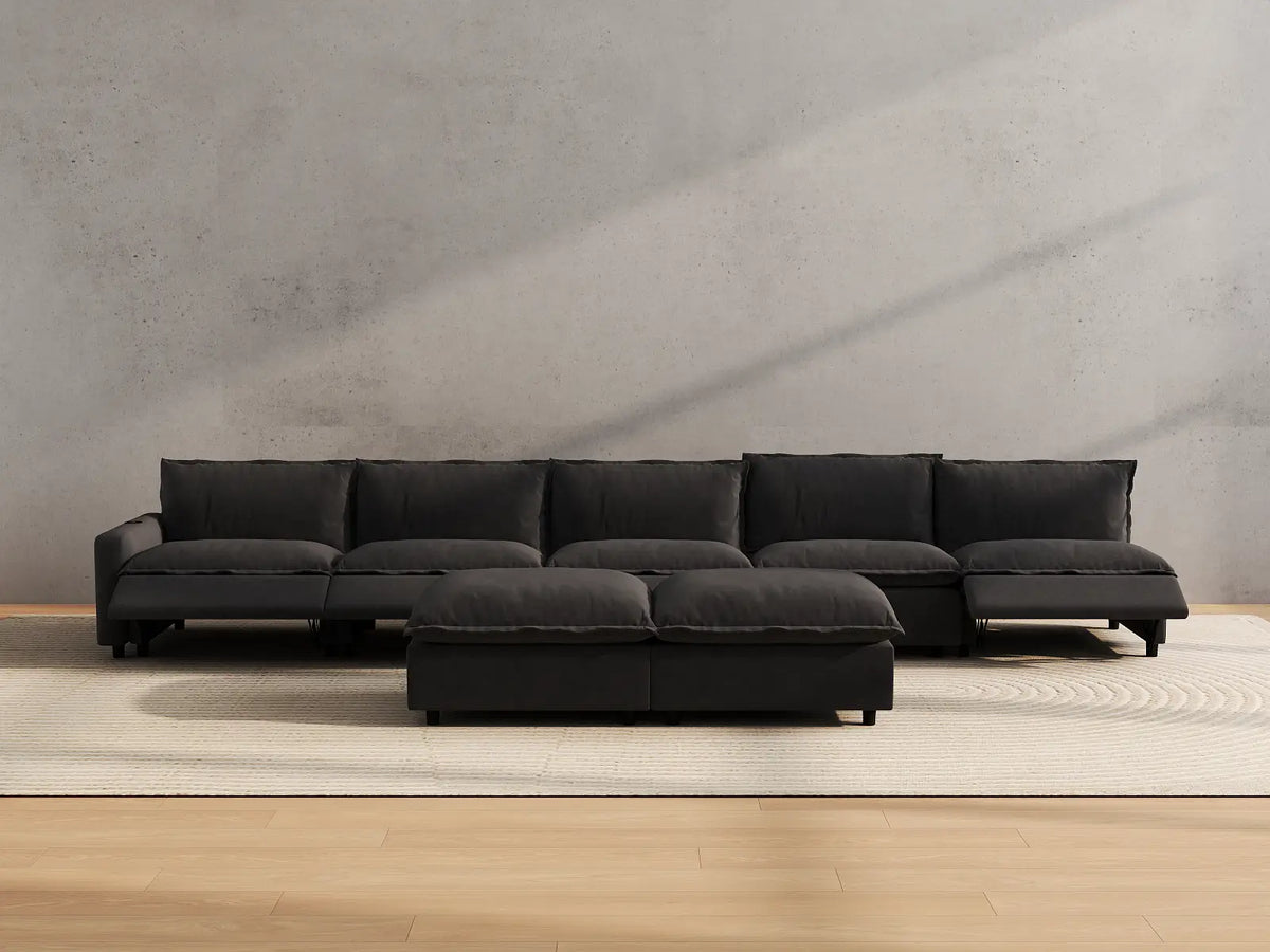 Modular Cero Sofa and Recliner Set Sale | 7-Piece Grey Linen Large Space Sofa Sets 5-Seater with 2-Ottomans