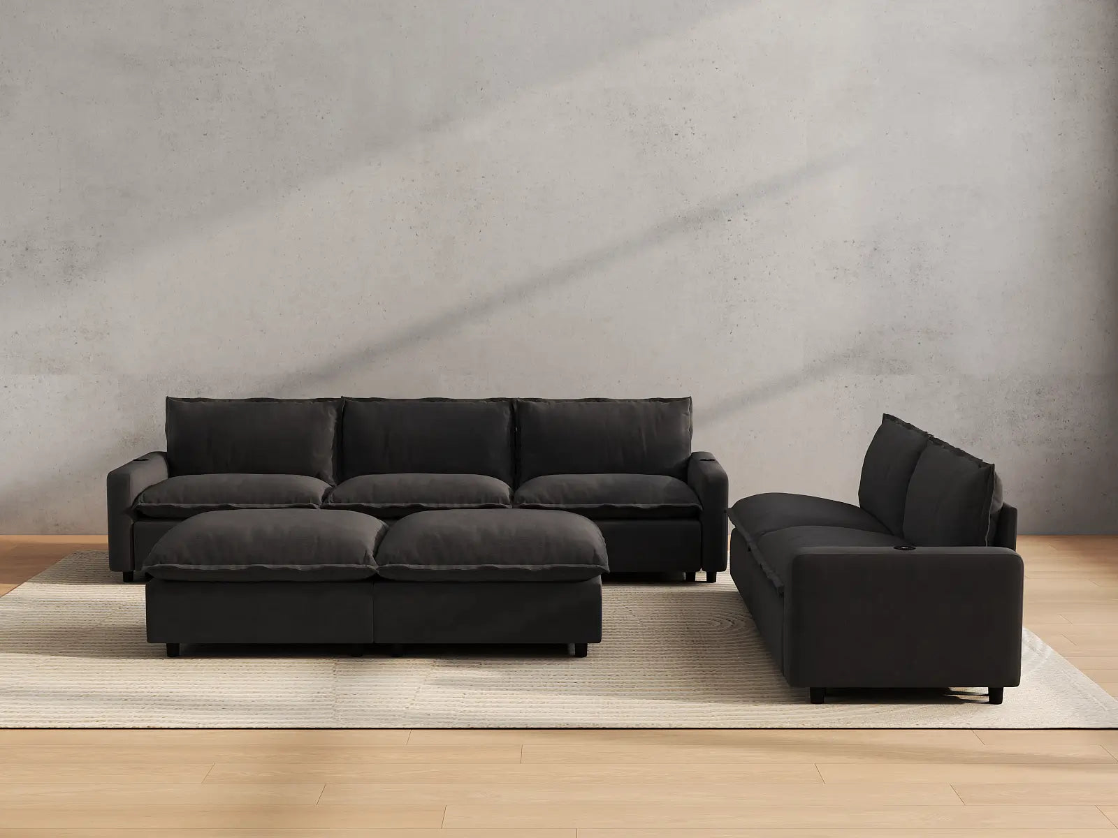 Modular Cero Sofa Set with Recliner | 7-Piece Grey Linen Large Space Sofa Sets 5-Seater with 2-Ottomans