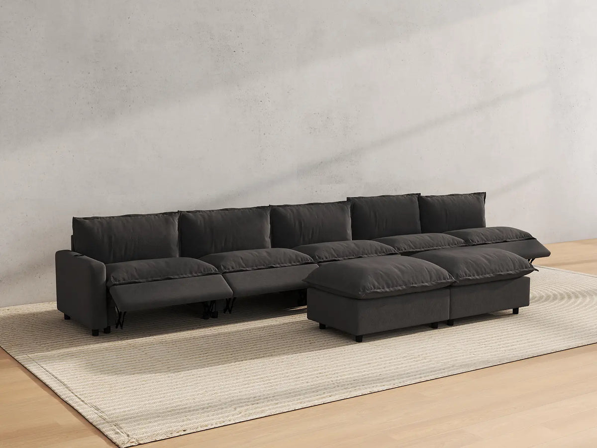 Modular Cero Sofa and Recliner Set Sale | 7-Piece Grey Linen Large Space Sofa Sets 5-Seater with 2-Ottomans
