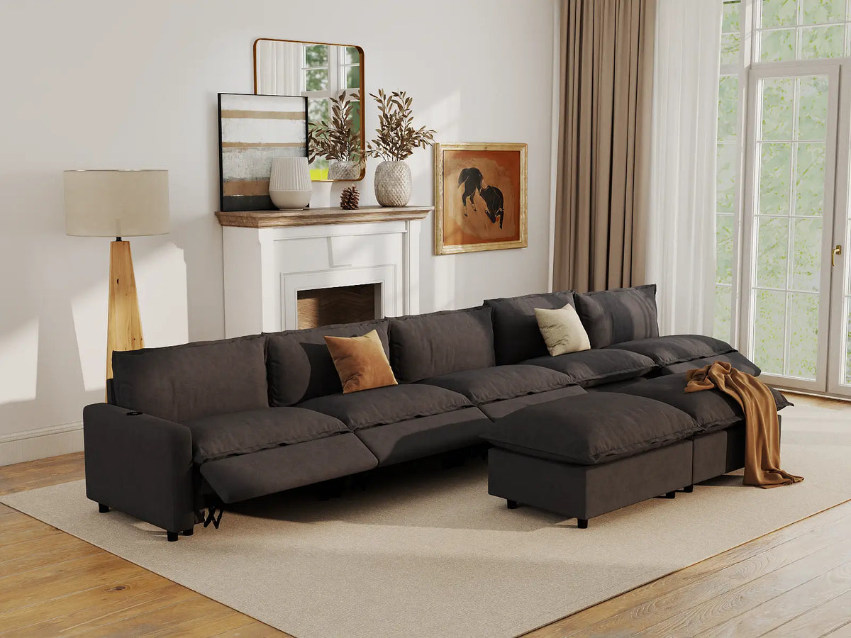 Modular Cero Sofa and Recliner Set Sale | 7-Piece Grey Linen Large Space Sofa Sets 5-Seater with 2-Ottomans